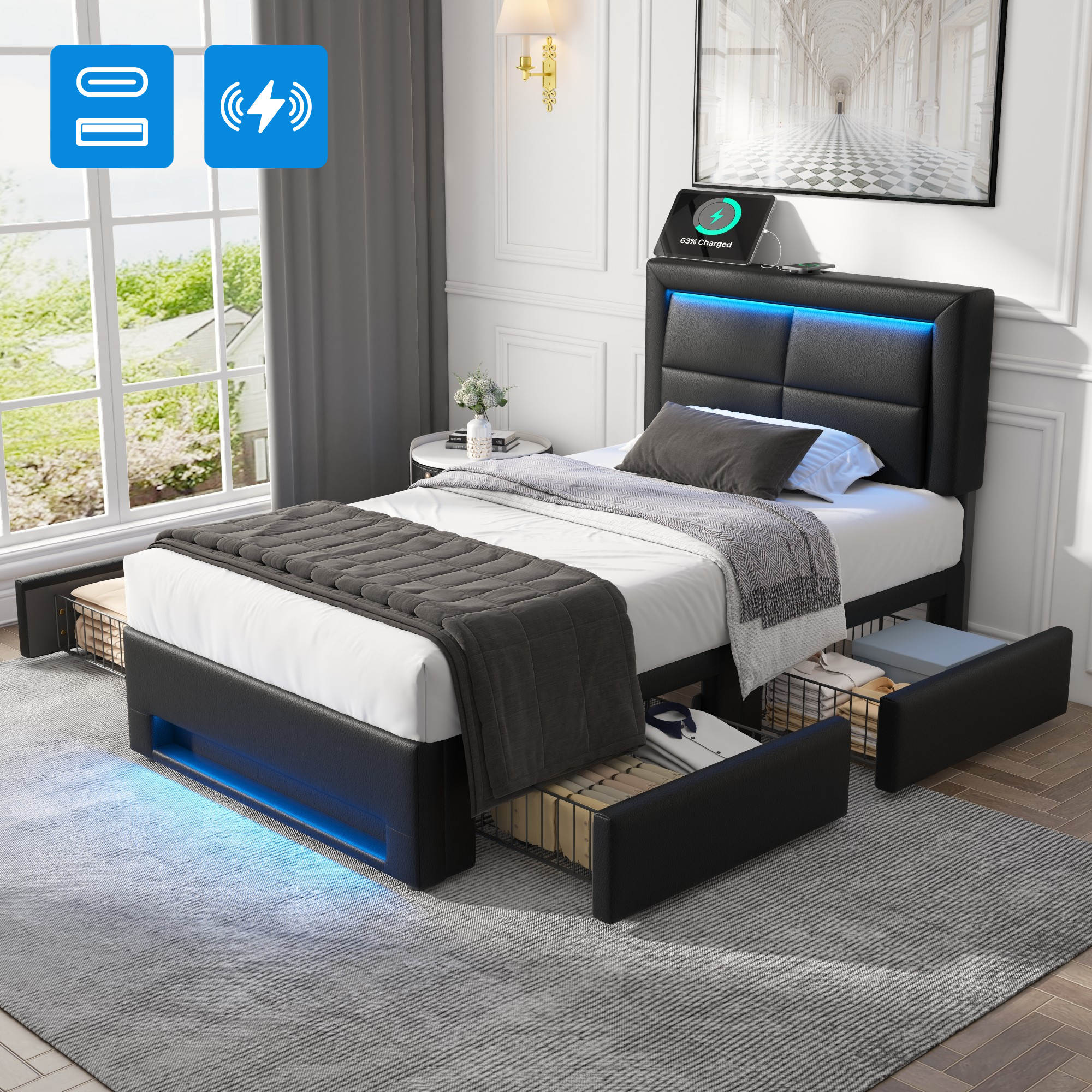 Logidon gestoffeerd bed 90x190 cm zwart met USB LED en vier lades