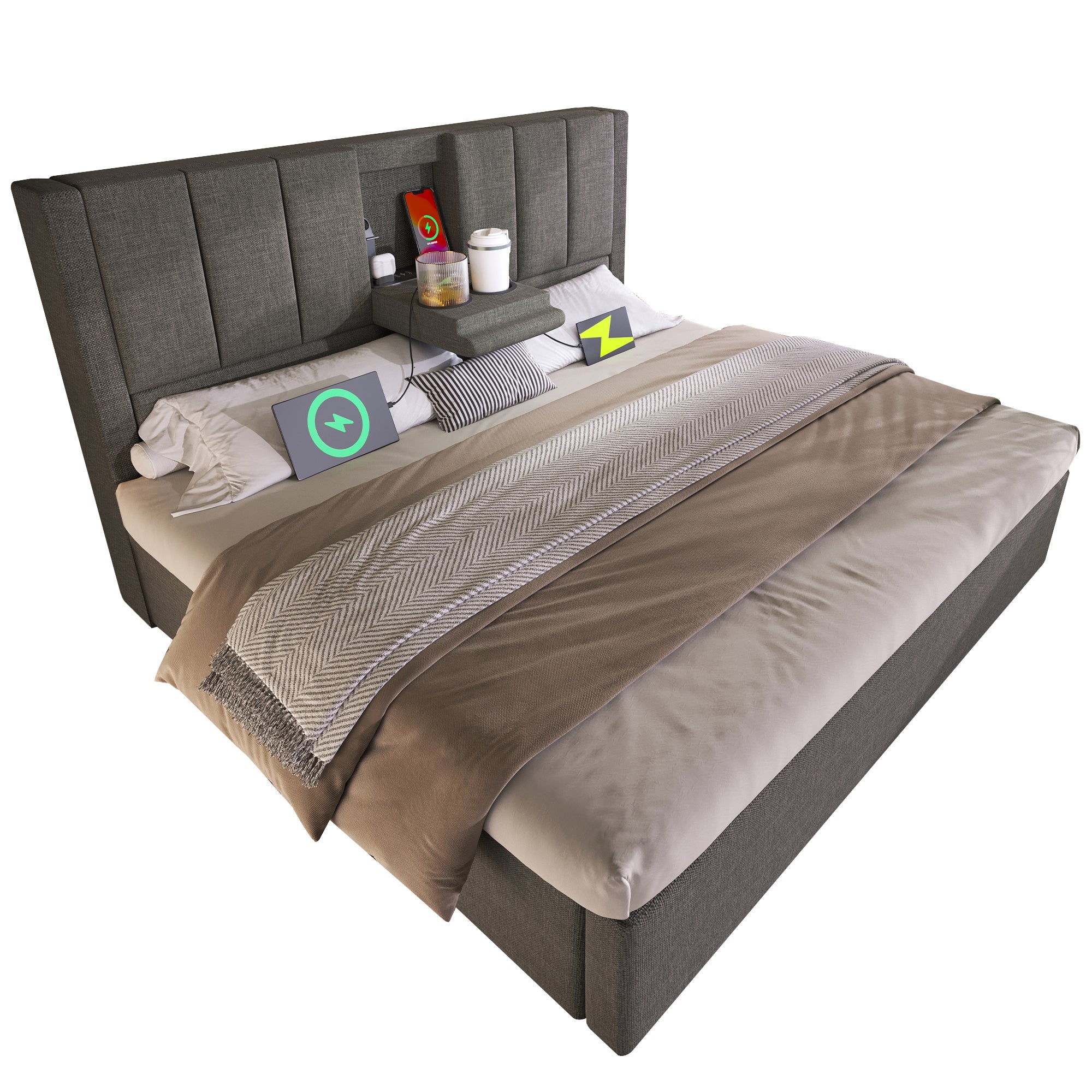 Logidon gestoffeerd bed 140x190 cm met bekerhouder en USB-oplader grijs