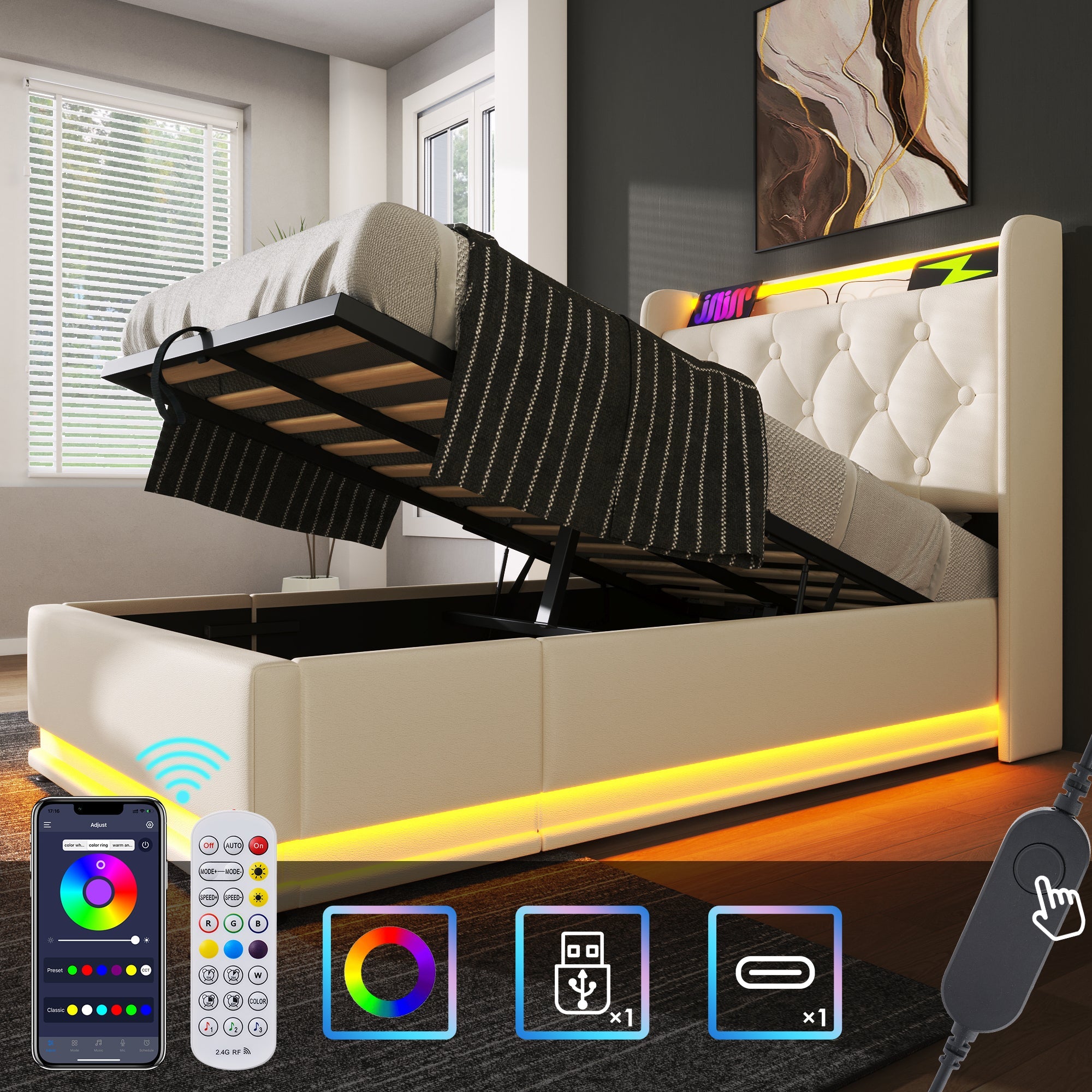 Logidon gestoffeerd bed eenpersoons 90x200 cm wit PU 360 SurroundLED USB C oplaadfunctie
