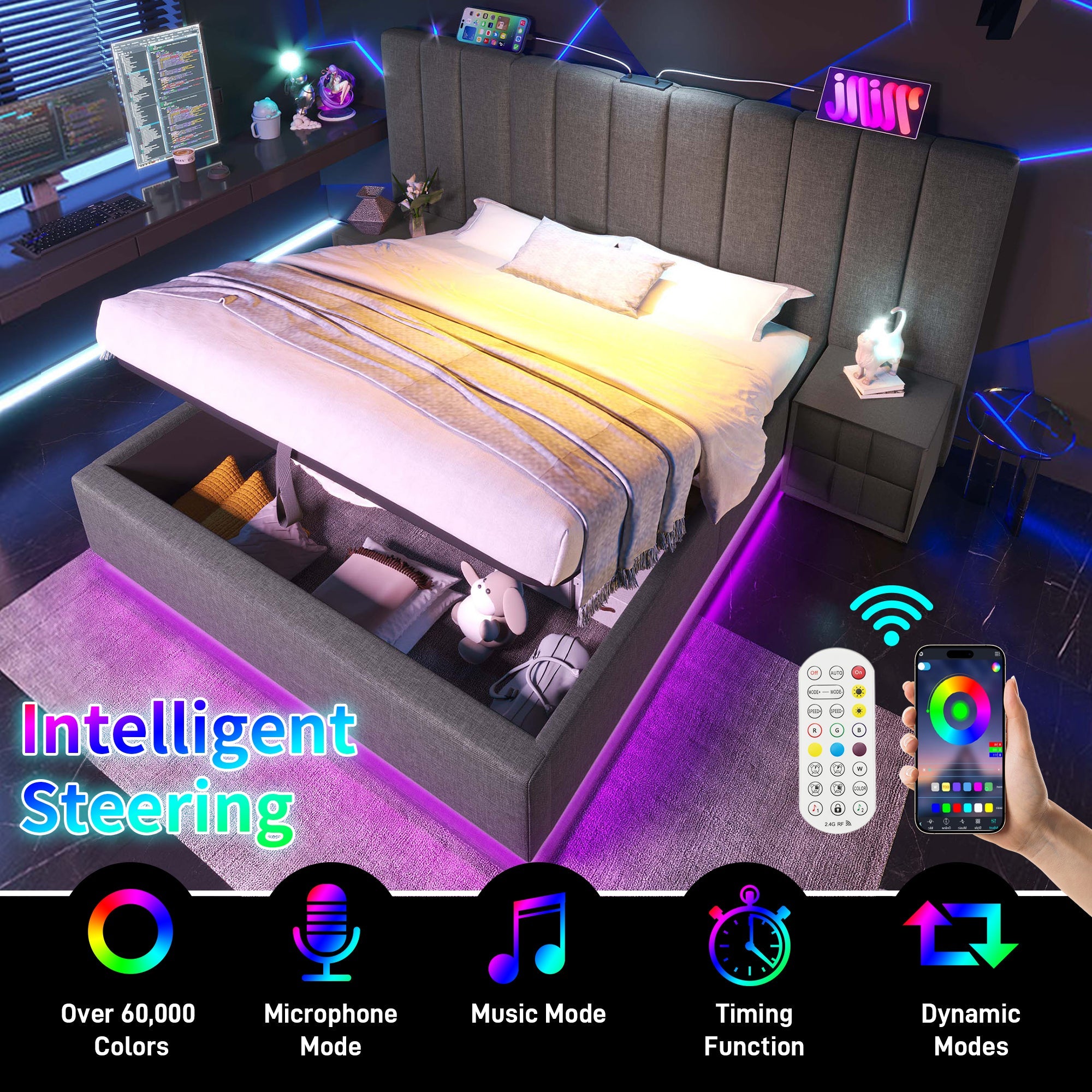 Logidon gestoffeerd bed 160x200 grijs met opbergruimte LED app bediening