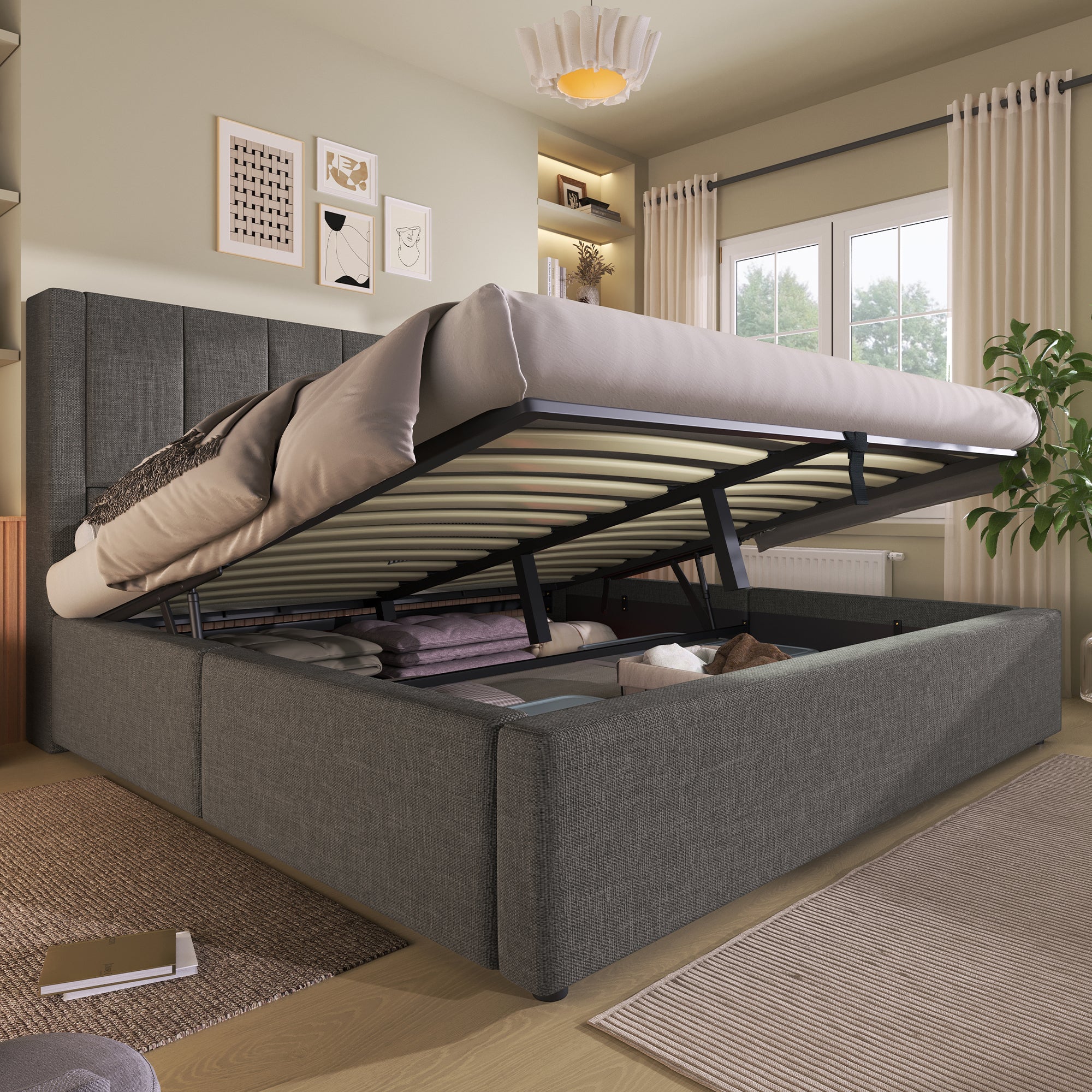 Logidon gestoffeerd bed 140x190 cm met bekerhouder en USB-oplader grijs