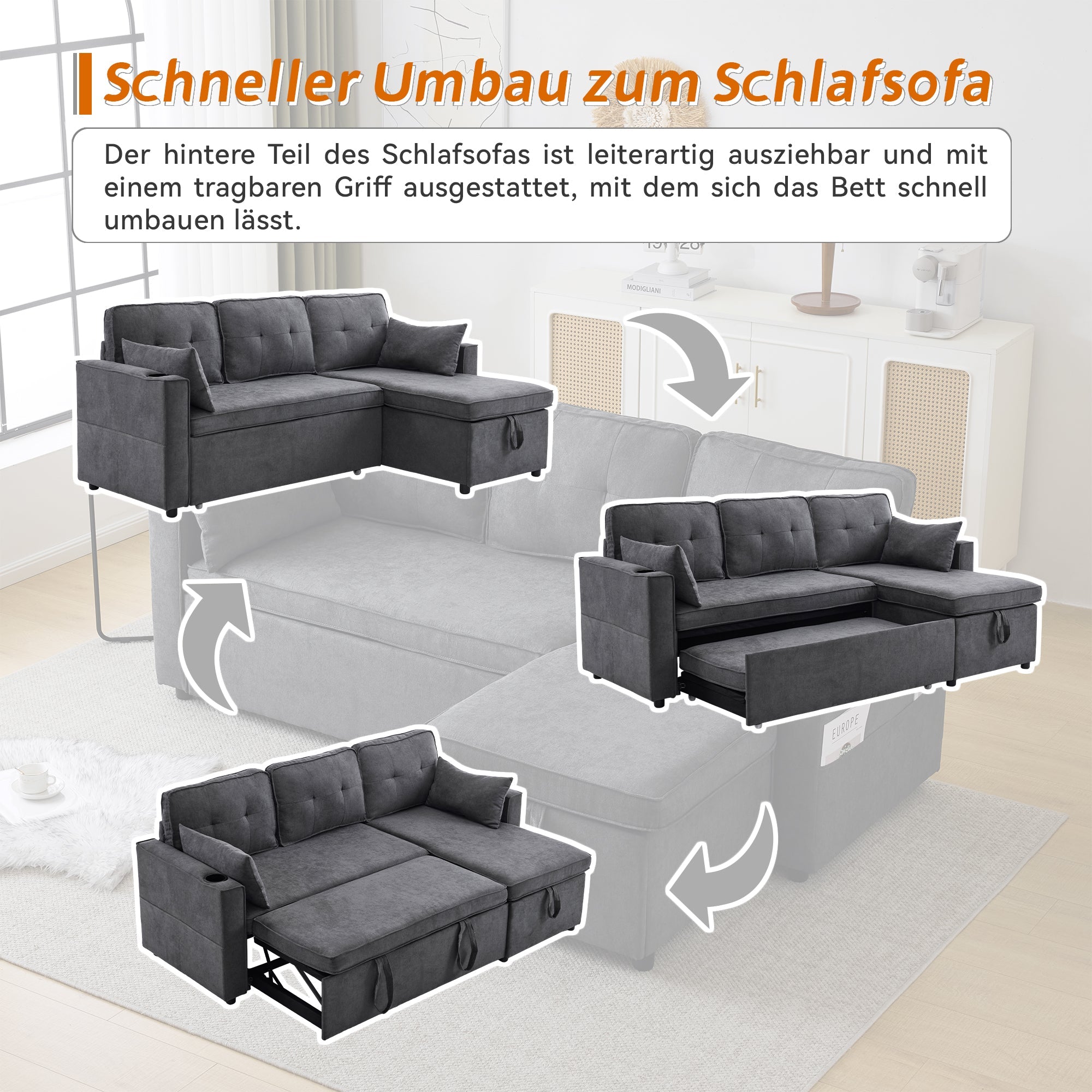 Logidon sofa bed gray L-shape with storage space and cup holder
