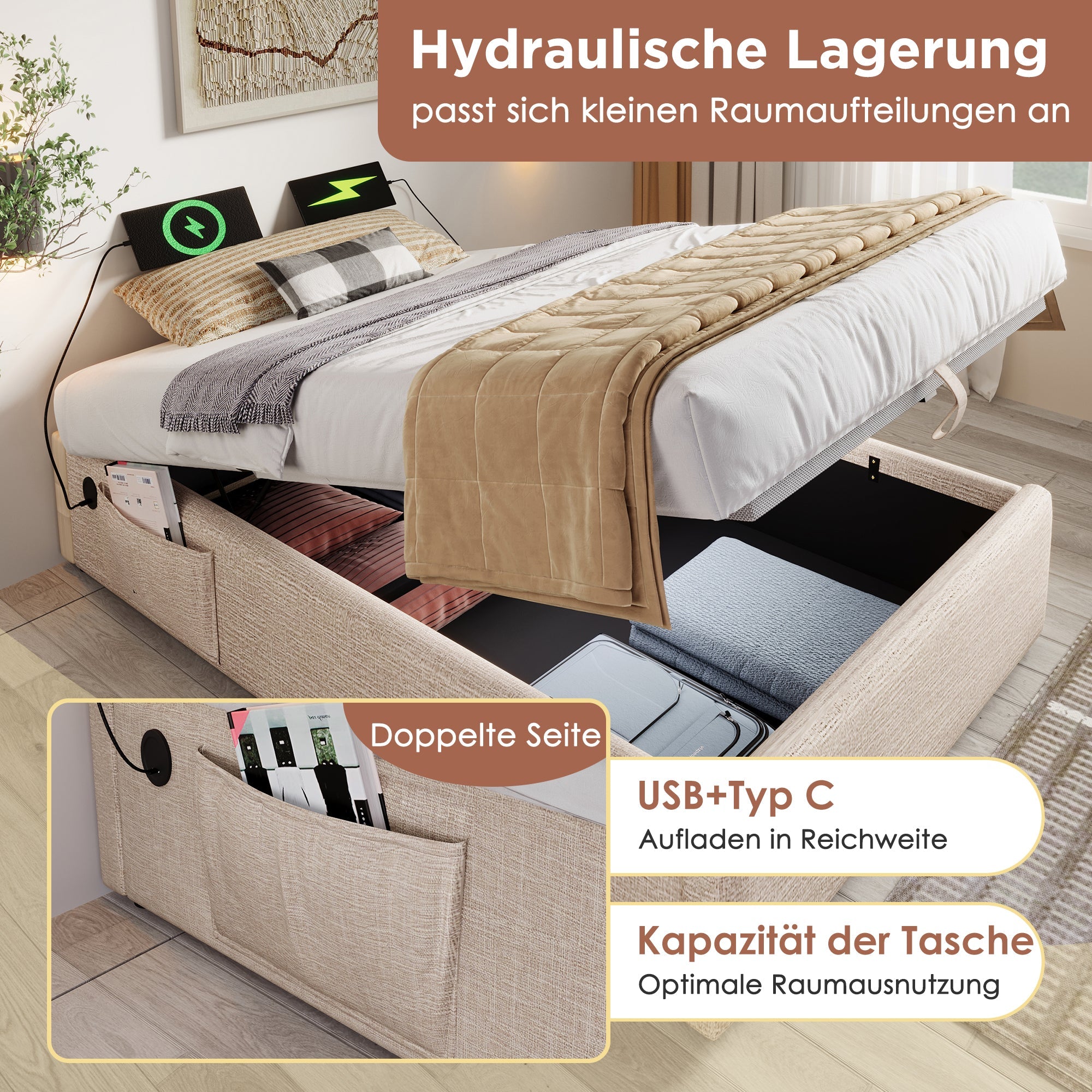 Logidon upholstered bed 90x190 beige USB C bed frame without headboard