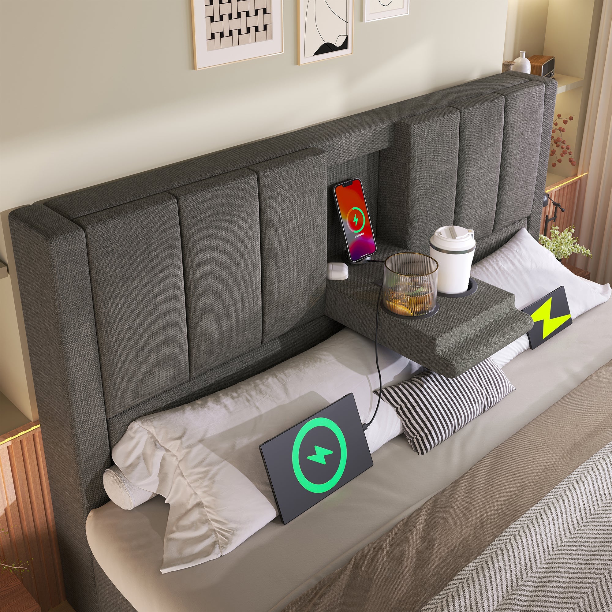 Logidon gestoffeerd bed 140x190 cm met bekerhouder en USB-oplader grijs