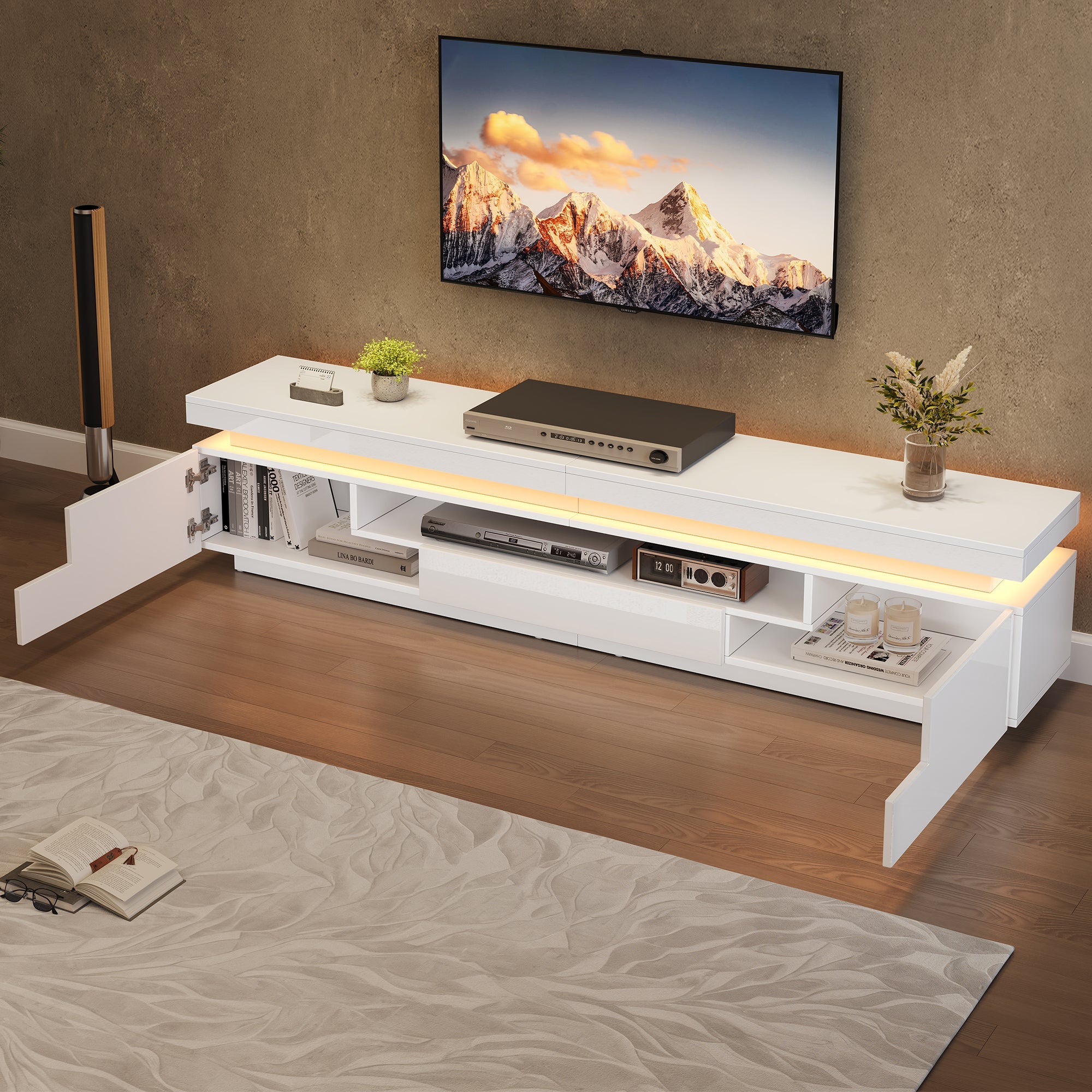Logidon wit hoogglans LED lowboard 175x38x45 cm met 2 kasten