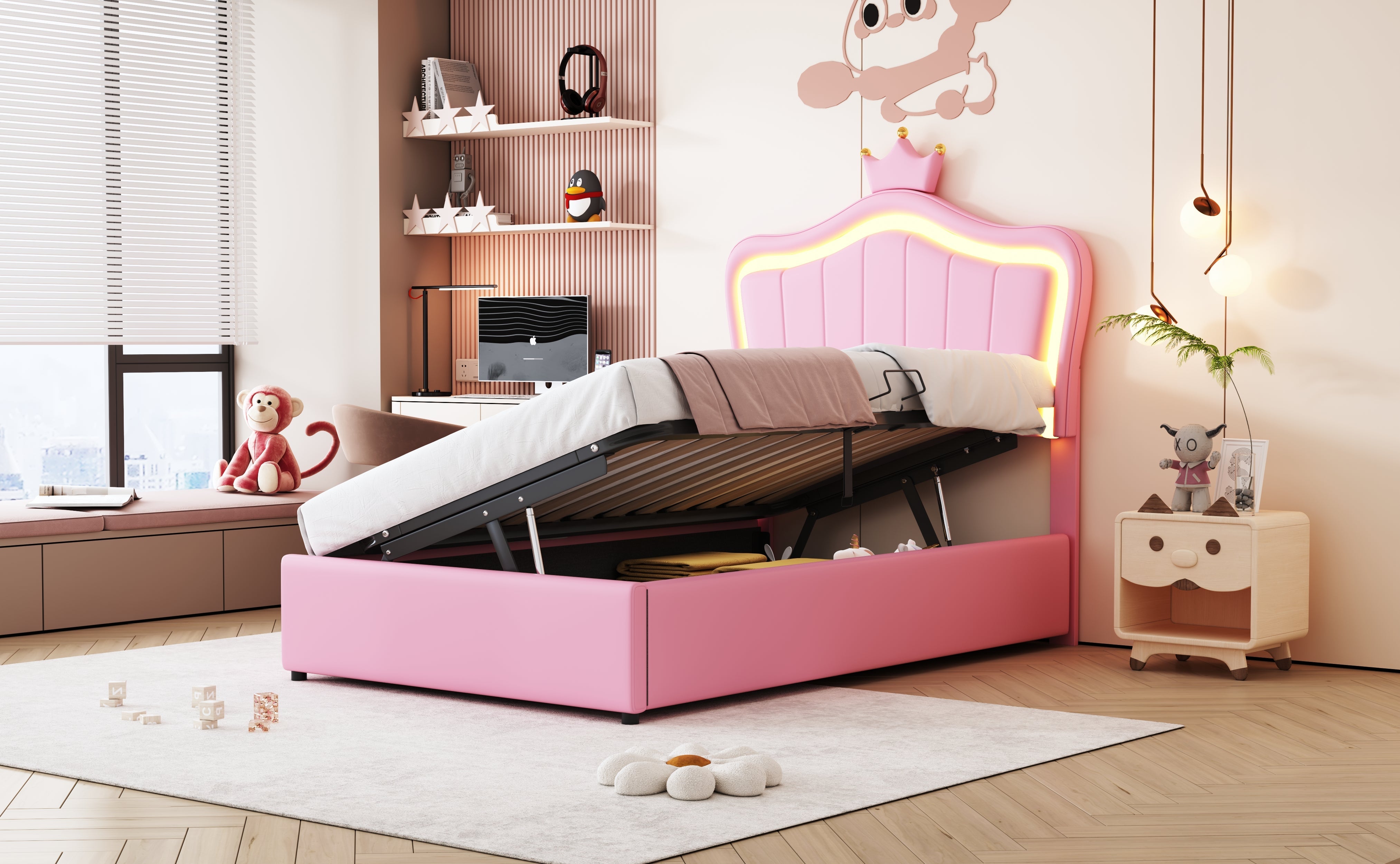 Logidon gestoffeerd bed 90x200 cm roze met kroondesign en LED