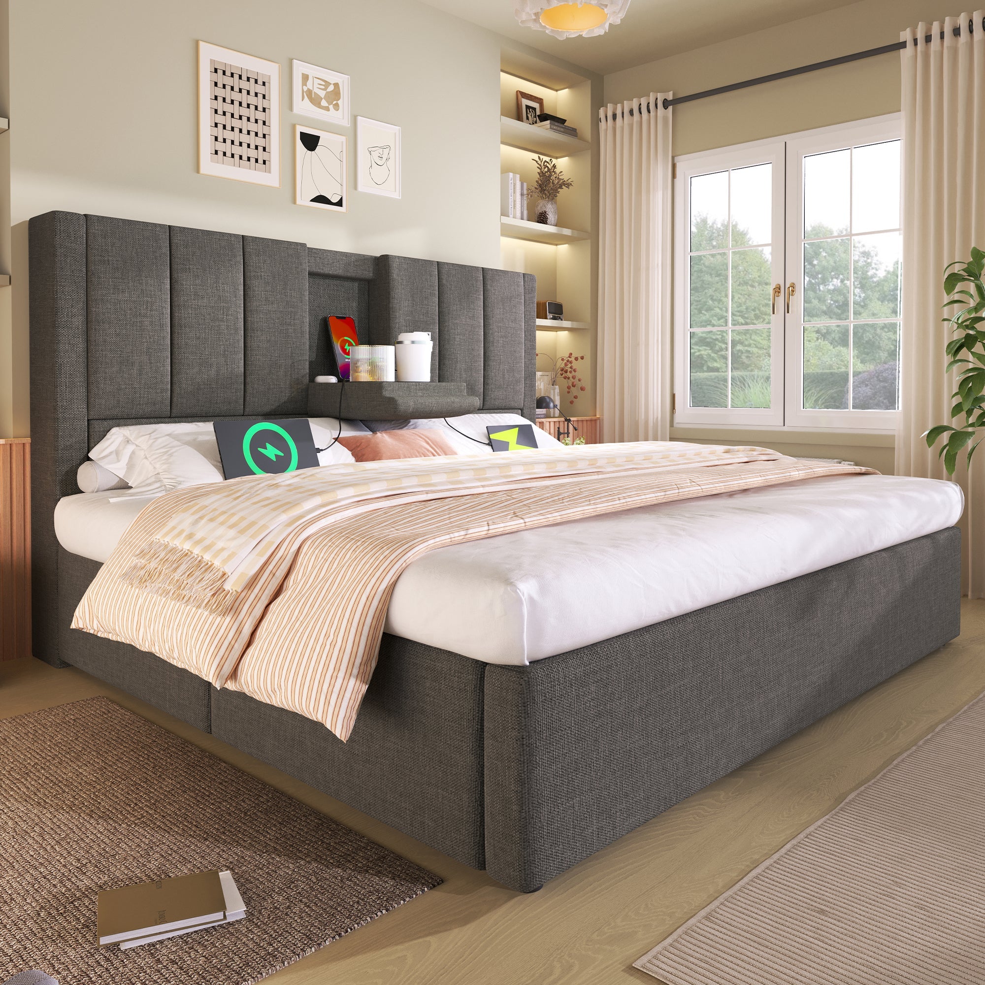 Logidon gestoffeerd bed 140x190 cm met bekerhouder en USB-oplader grijs
