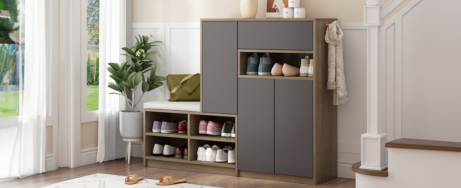 Logidon Schoenenbank Grijs Met Gewatteerde Zitting Verstelbare Planken 140x35x110 cm