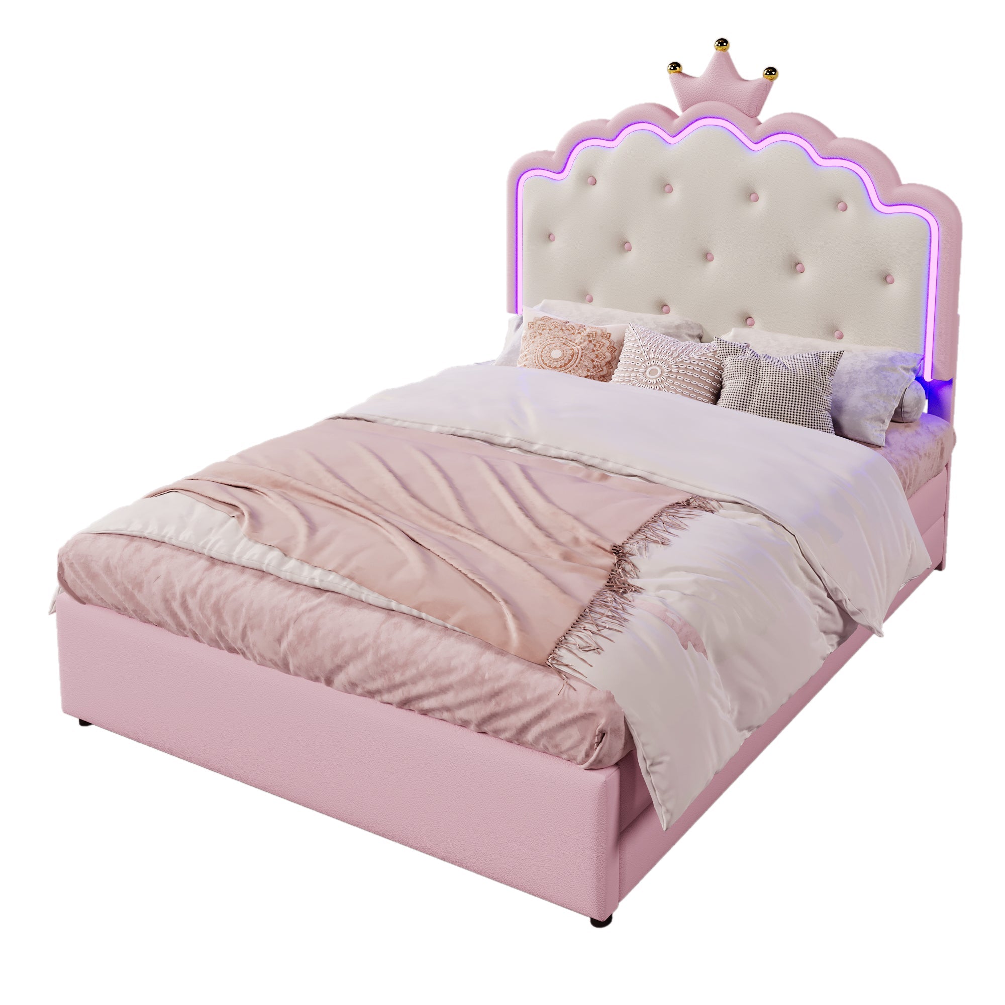 Logidon gestoffeerd bed 140x200 roze met lattenbodem LED-verlichting