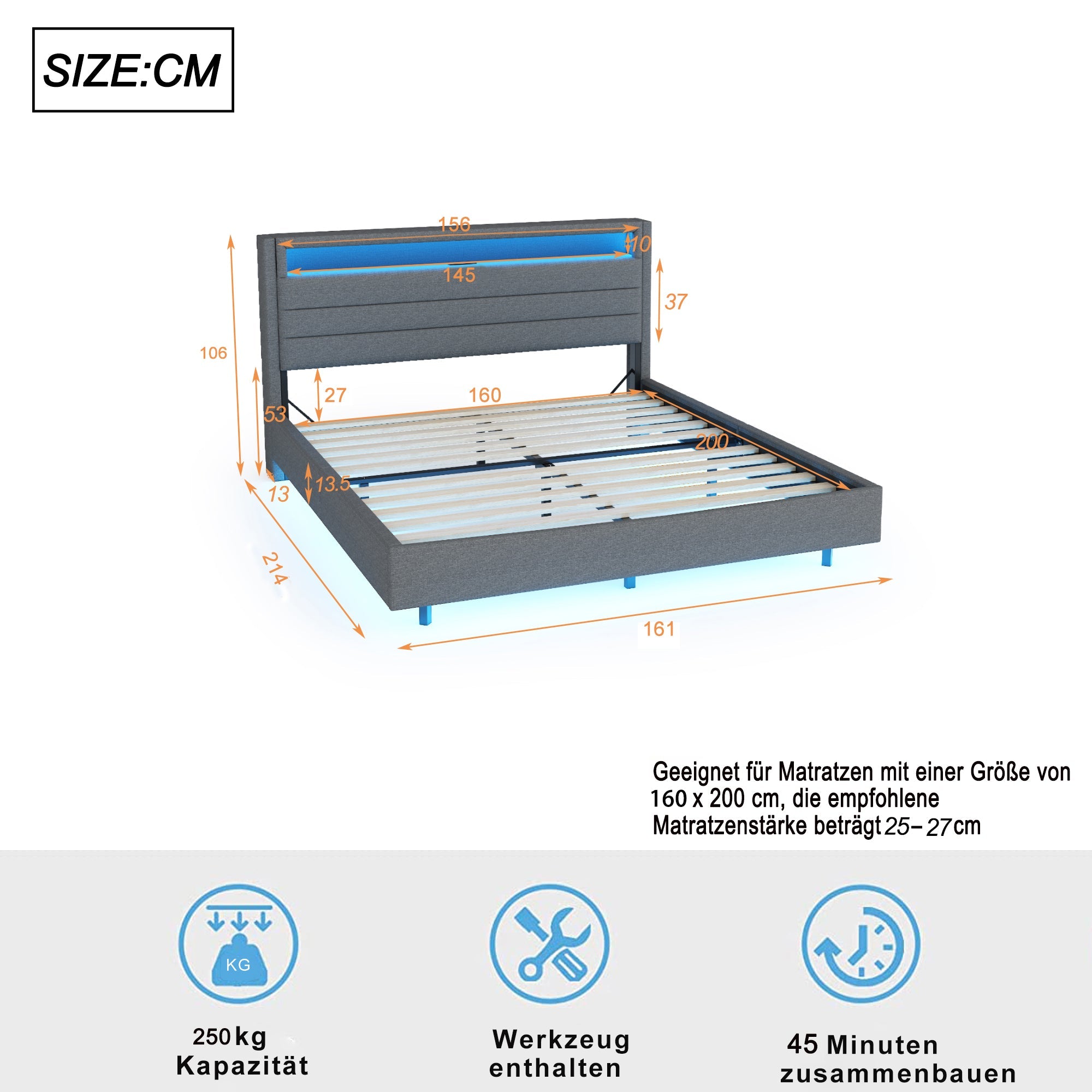Logidon gestoffeerd bed 160x200 linnen stof USB Omkeerbaar LED-hoofdeinde