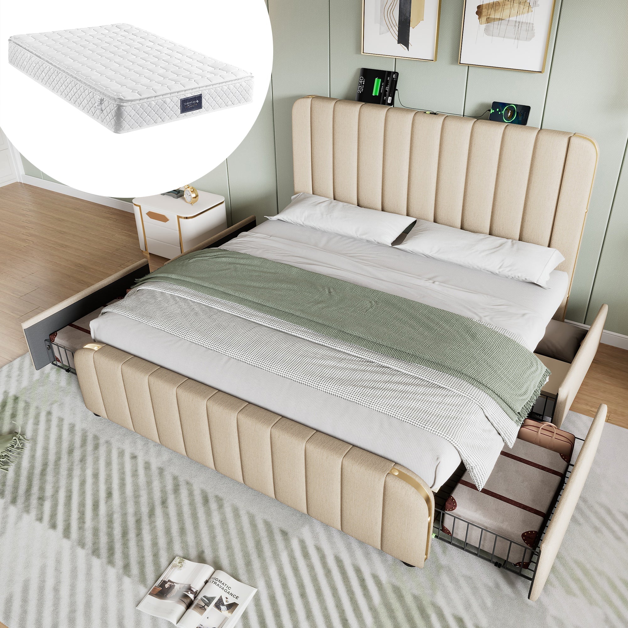 Logidon gestoffeerd bed 160x200 beige met USB oplaadfunctie en 4 lades