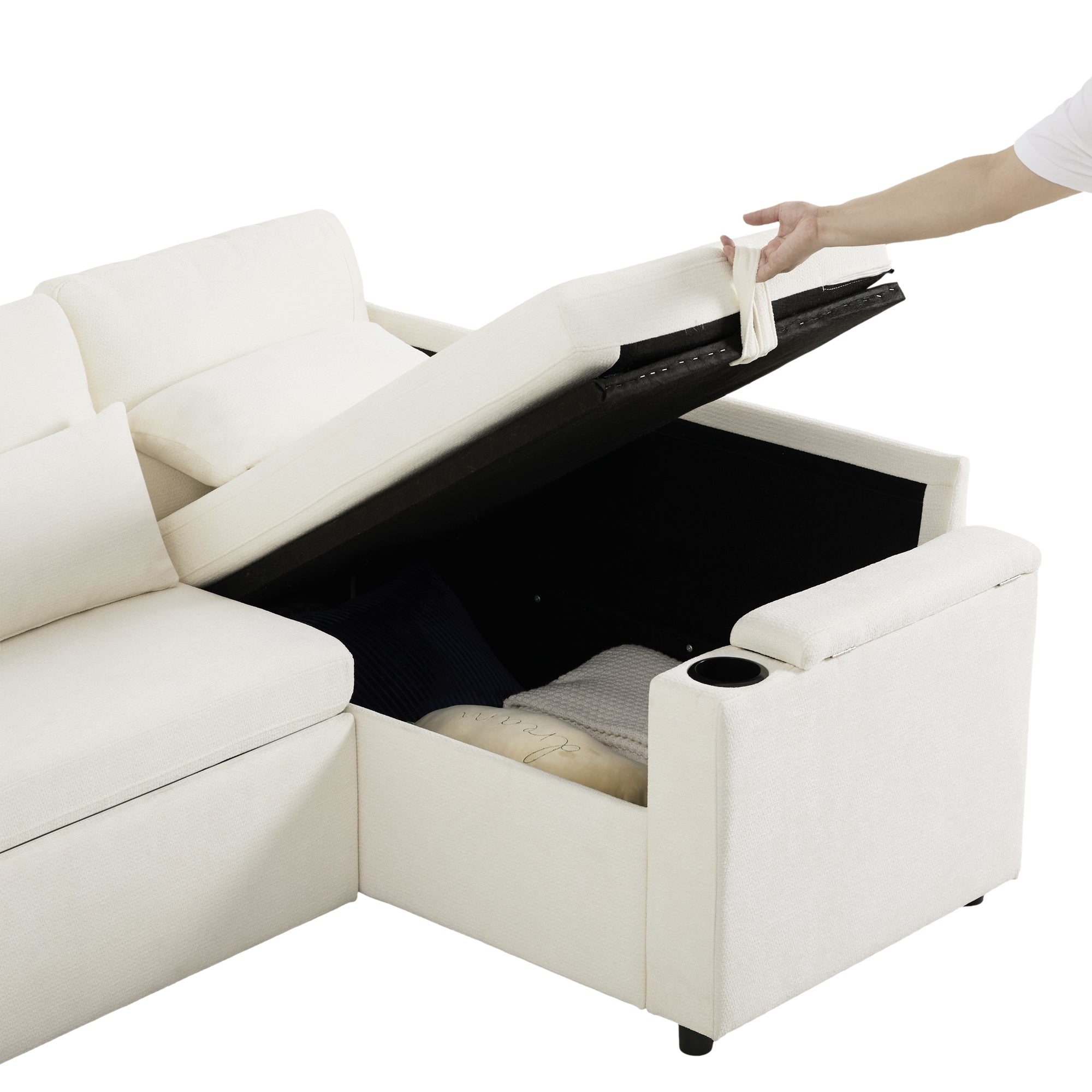 Logidon L-vorm hoekbank beige slaapbank opbergruimte USB-oplaadpoort