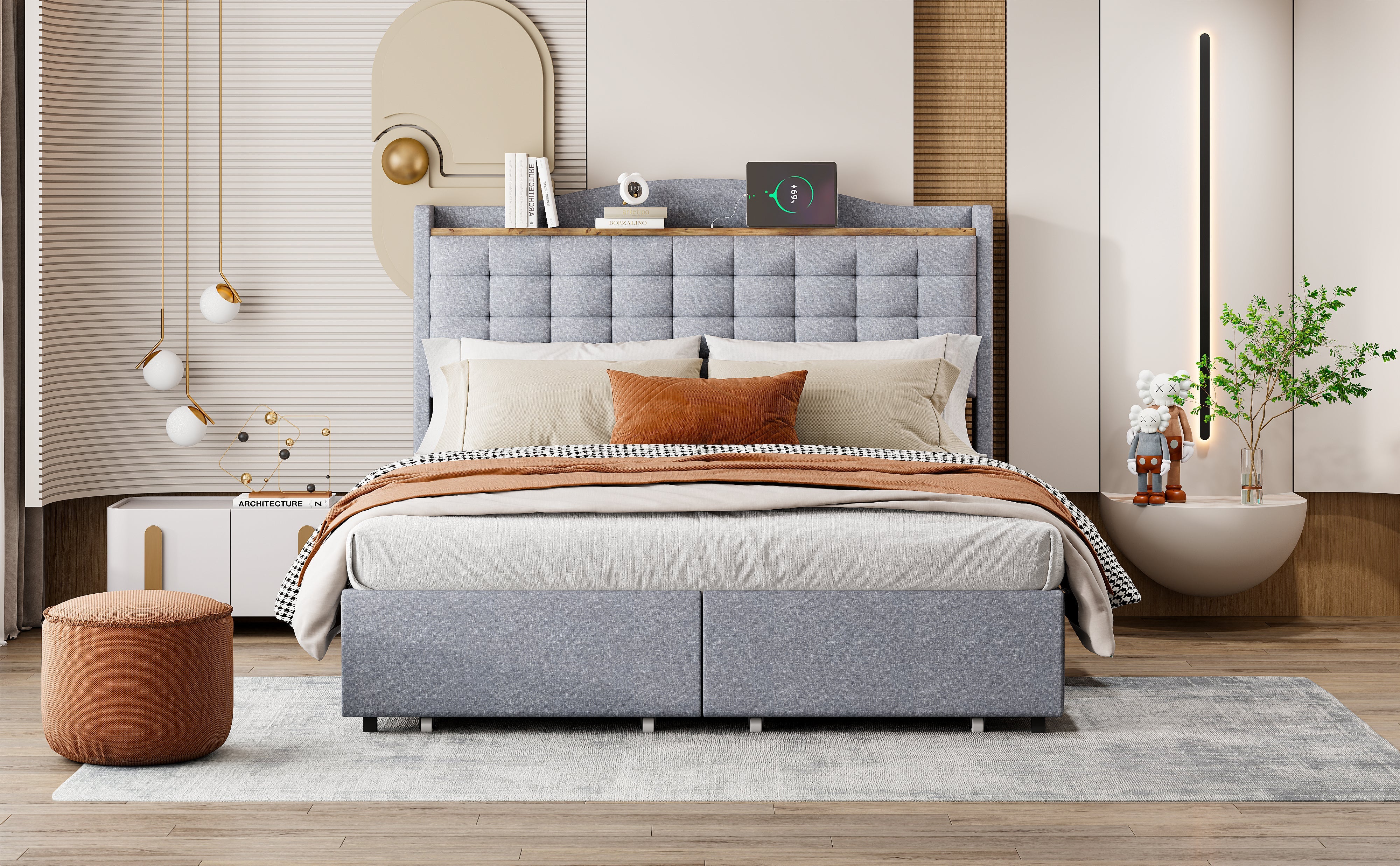 Logidon gestoffeerd bed 140x200 grijs linnen met USB-oplaadpoort