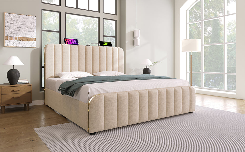 Logidon gestoffeerd bed 160x200 beige linnen met hoofdeinde gouden rand USB-C