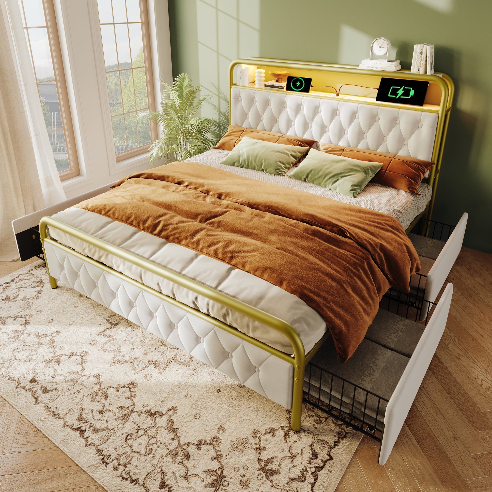 Logidon fluwelen gestoffeerd bed 160x200 wit USB Type C LED app oplaadfunctie