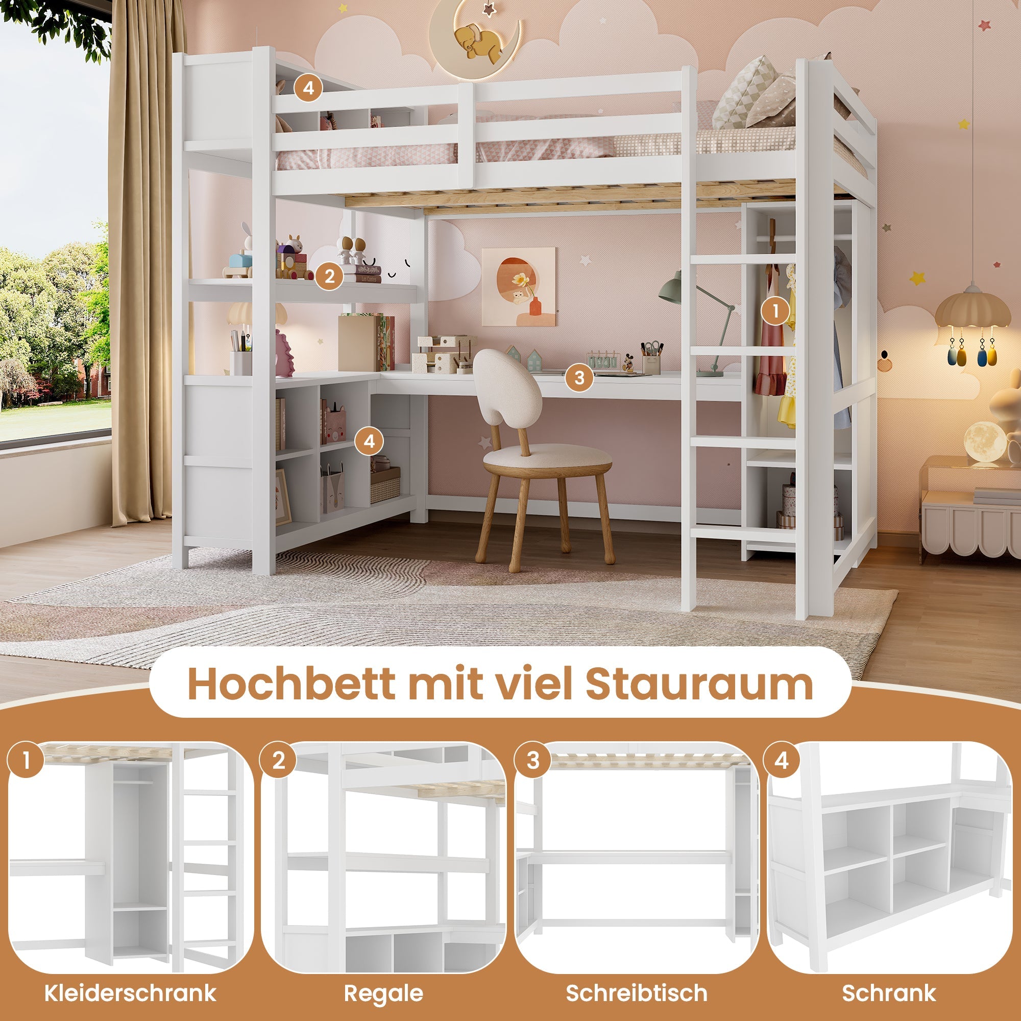 Logidon hoogslaper 140x200 cm met bureau en planken wit