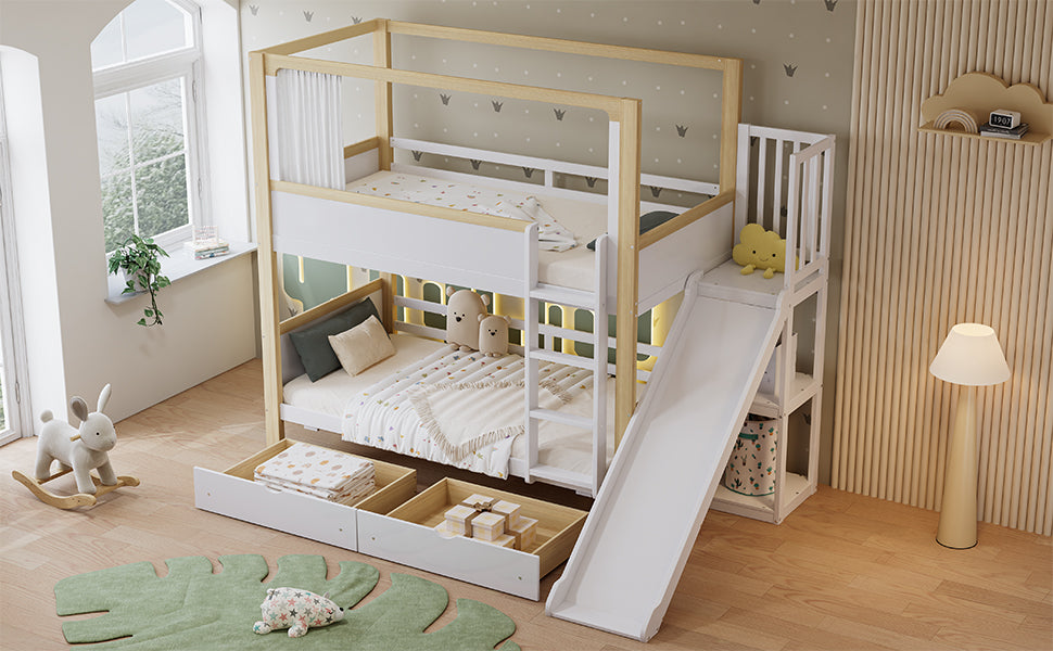 Logidon stapelbed 90x200 wit naturel met glijbaan en lades
