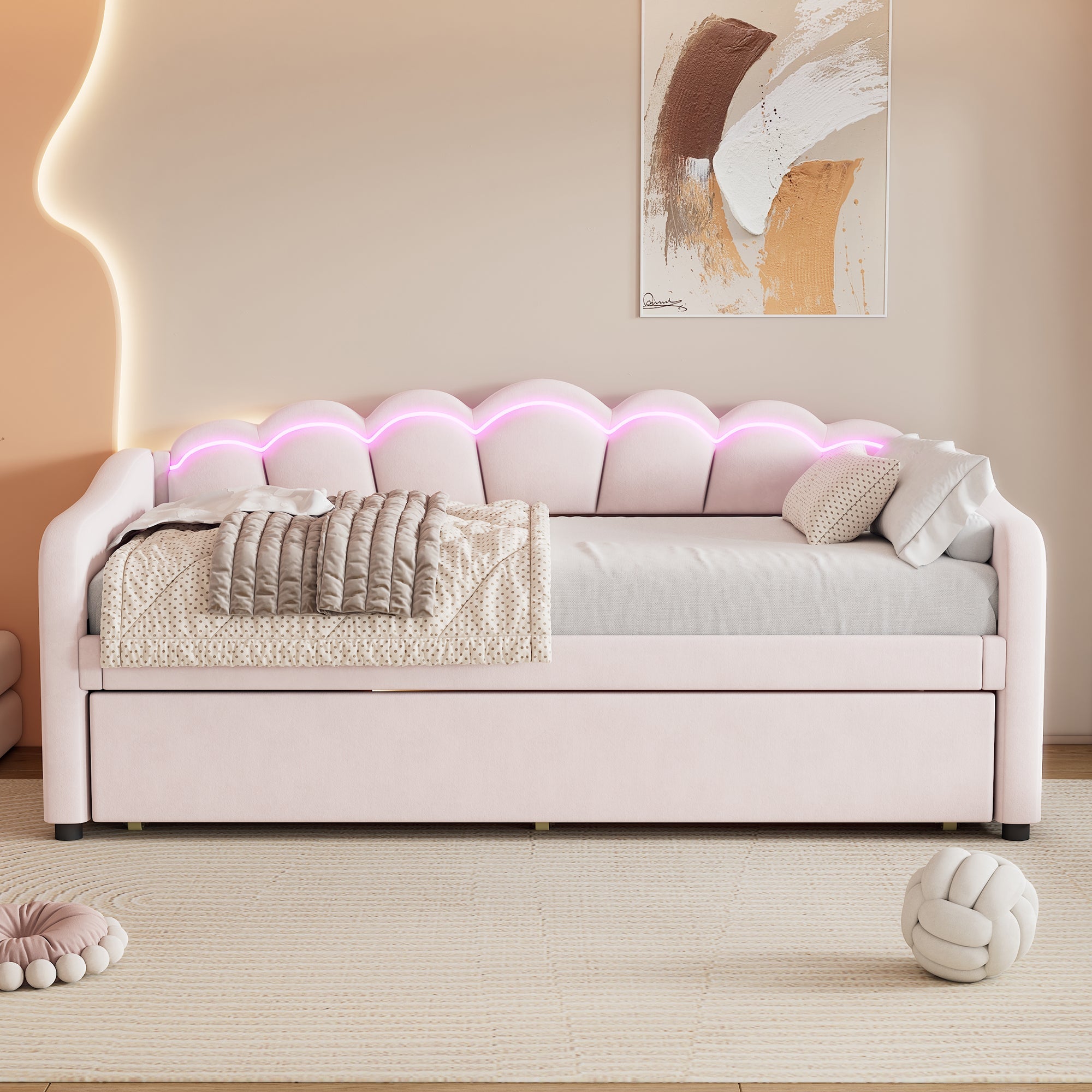 Logidon Daybed 90x200 cm daybed met uitschuifbaar bed roze fluweel