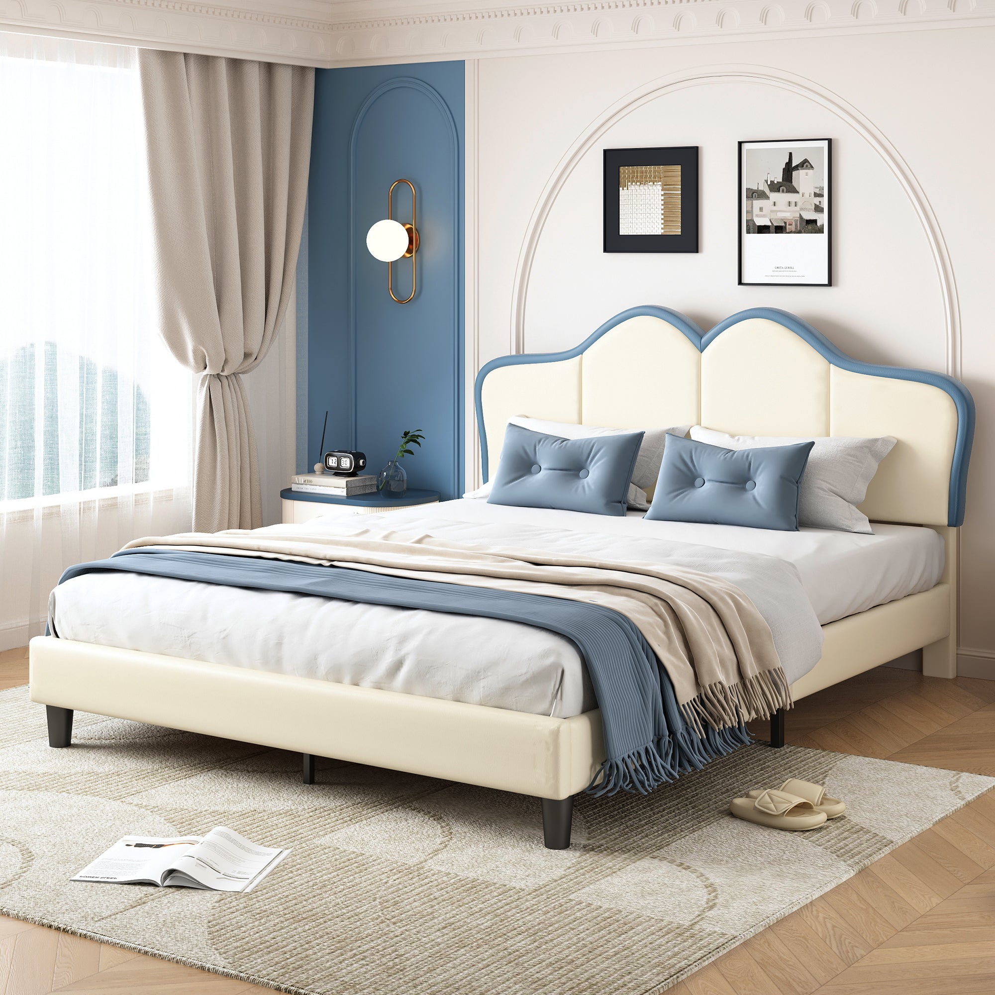Logidon gestoffeerd bed 140x200 wit blauw met zachte beschermranden
