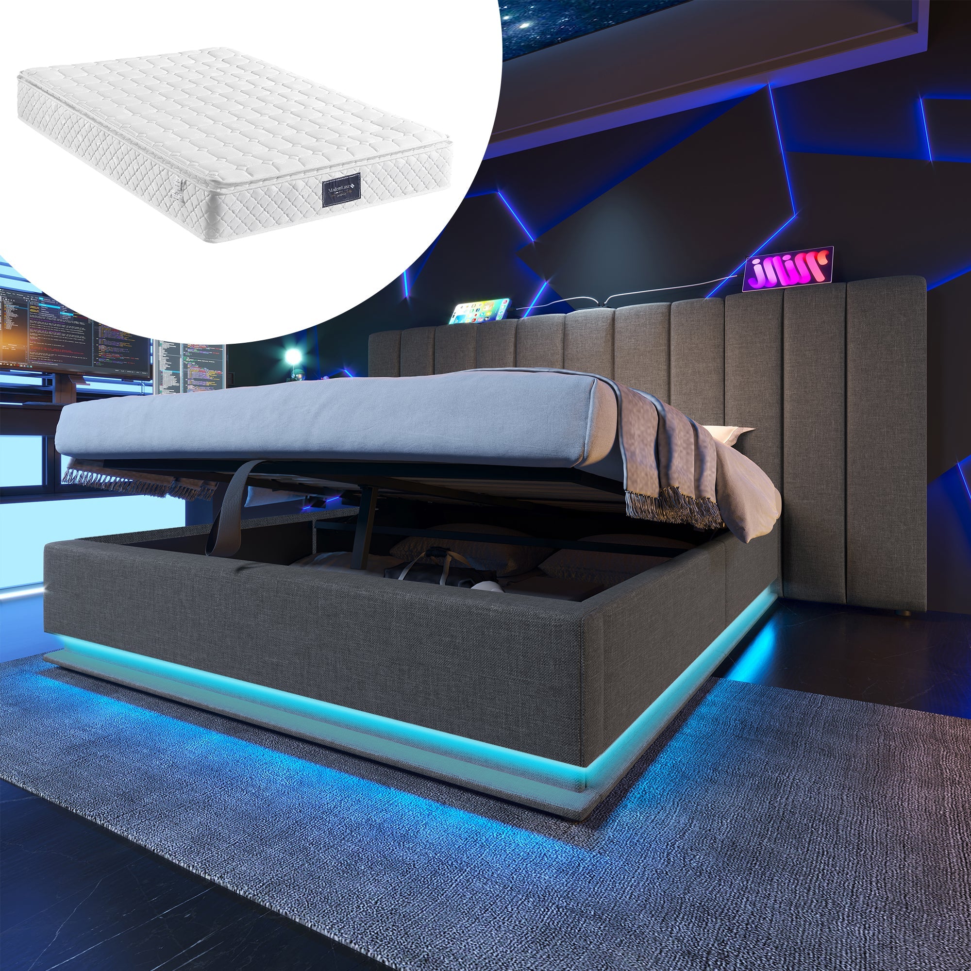 Logidon gestoffeerd bed 160x200 grijs met opbergruimte LED app bediening