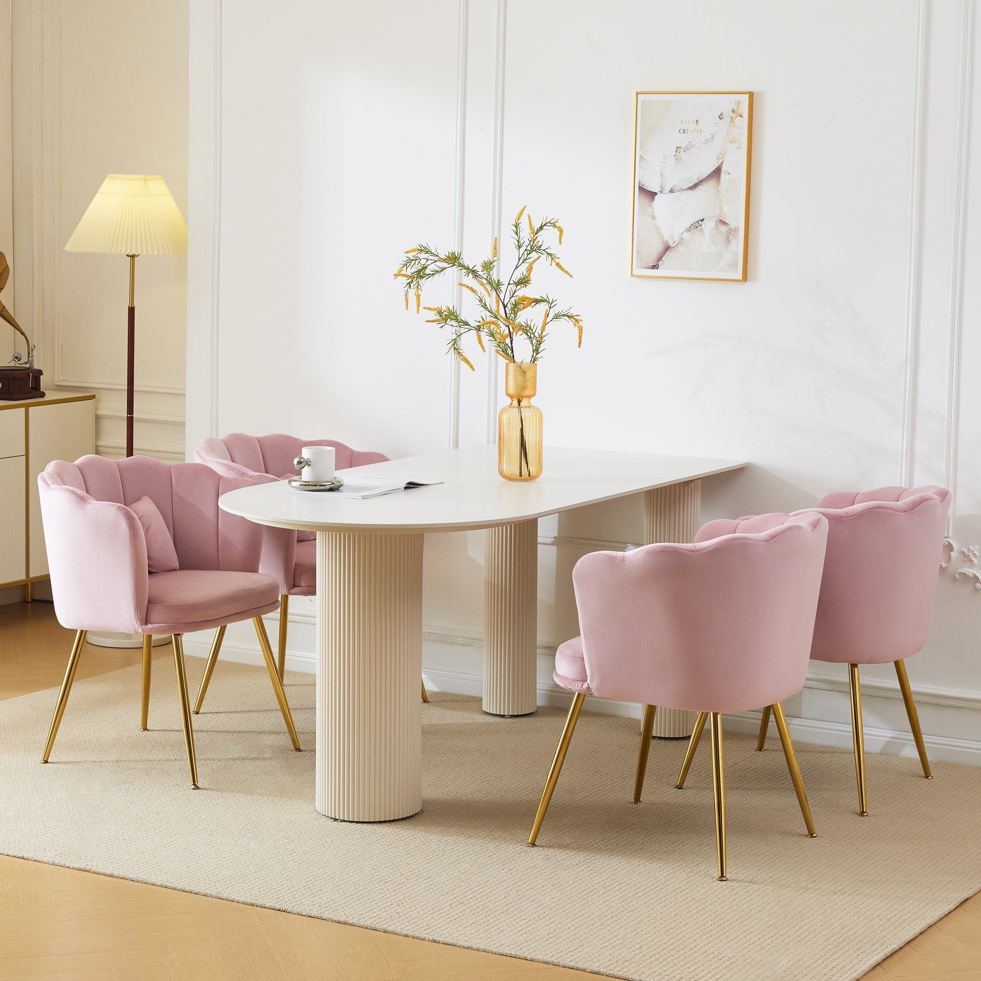 Logidon Set of 4 Pink Velvet Chairs with Petal Backs and Gold Legs