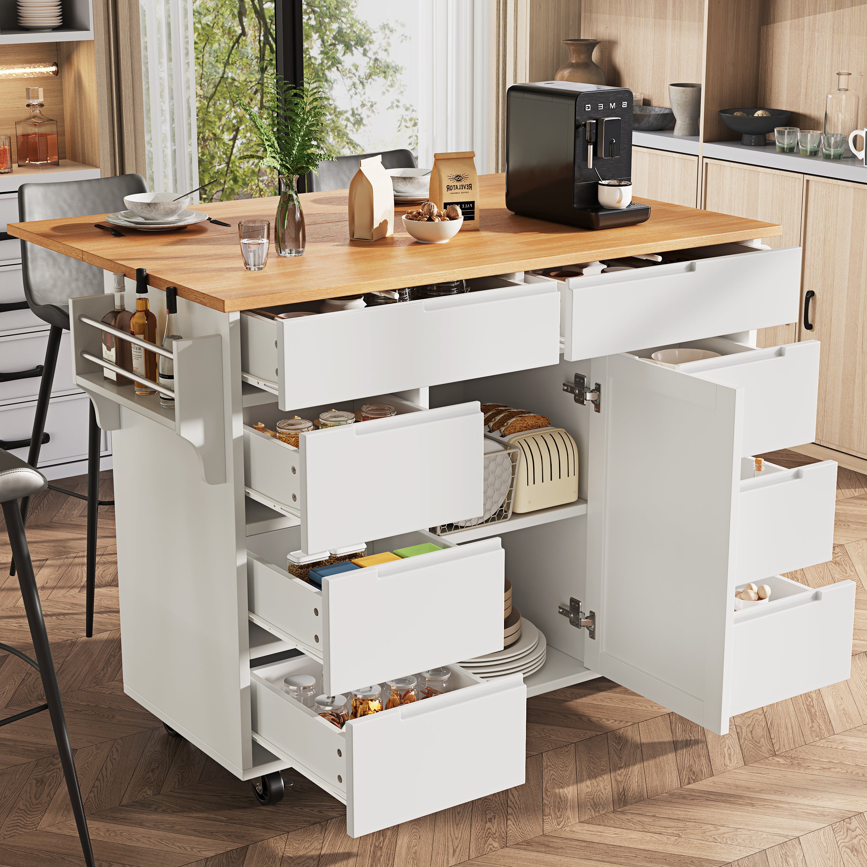 Logidon Modern Keukeneiland Uitschuifbare Keukentrolley Wit 8 Laden