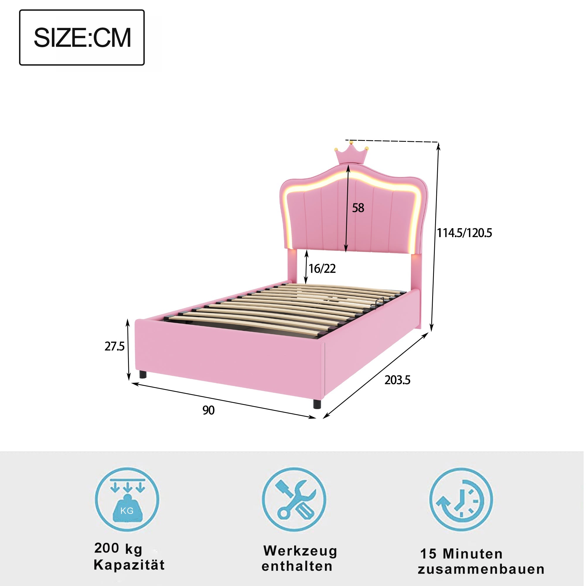 Logidon gestoffeerd bed 90x200 cm roze met kroondesign en LED