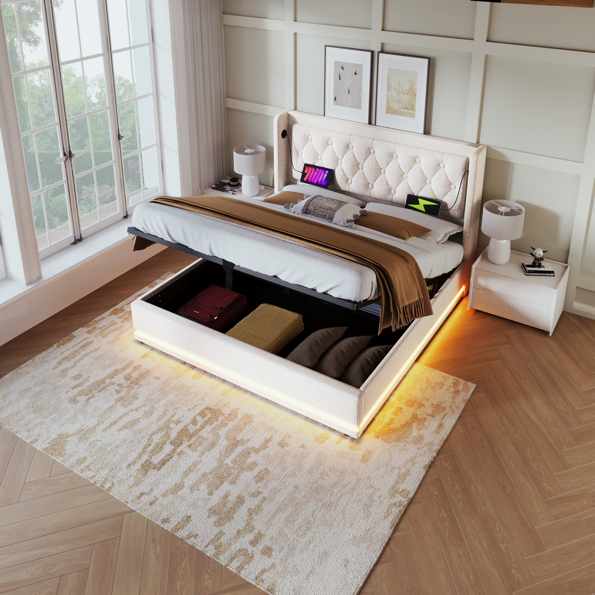 Logidon upholstered bed 160x200 beige with storage space USB Type C charging function