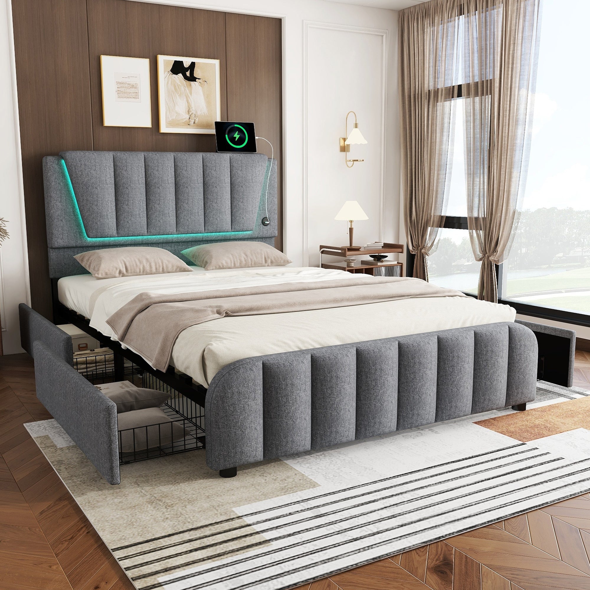 Logidon gestoffeerd bed 140x200 grijs met lattenbodem vier laden