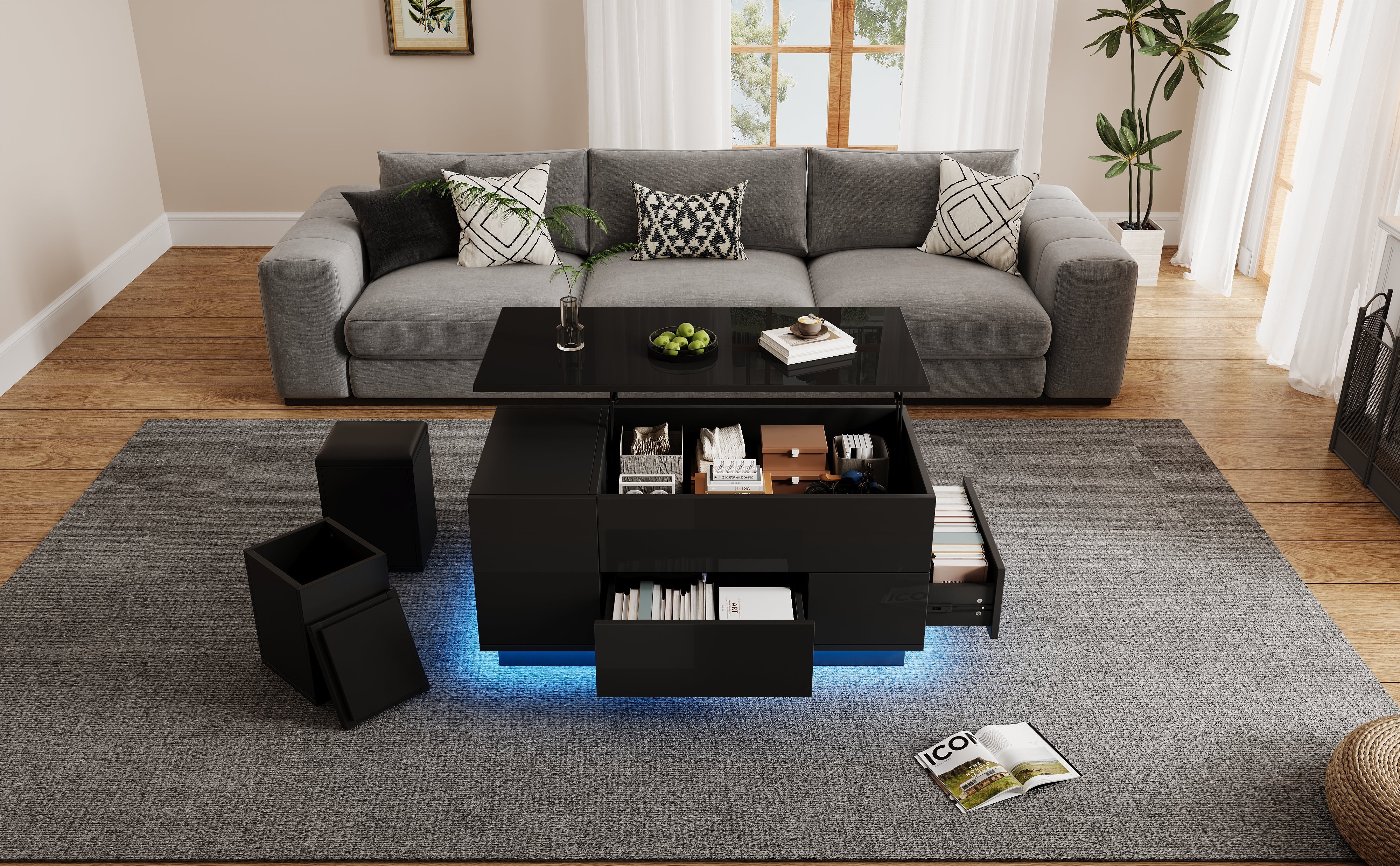 Logidon 4-in-1 in hoogte verstelbare salontafel zwart 100x50x45 cm LED