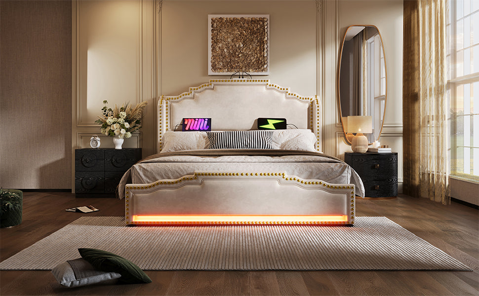 Logidon Upholstered Bed 160x200 Beige Velvet With Four Drawers LED USB C