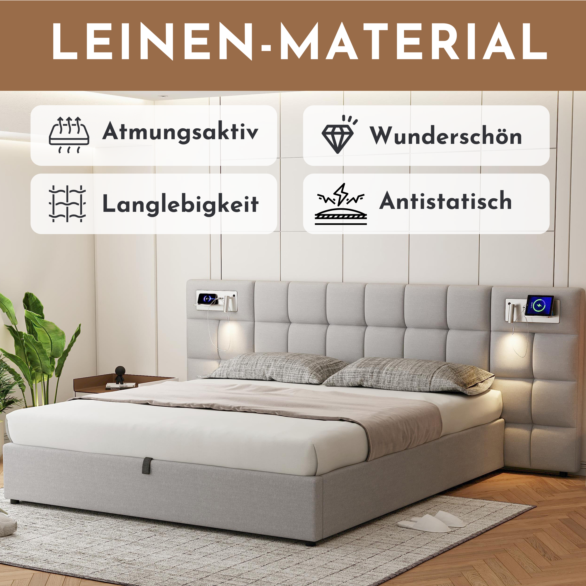 Logidon gestoffeerd bed 180x200 cm grijs hydraulisch bed USB-licht opbergruimte