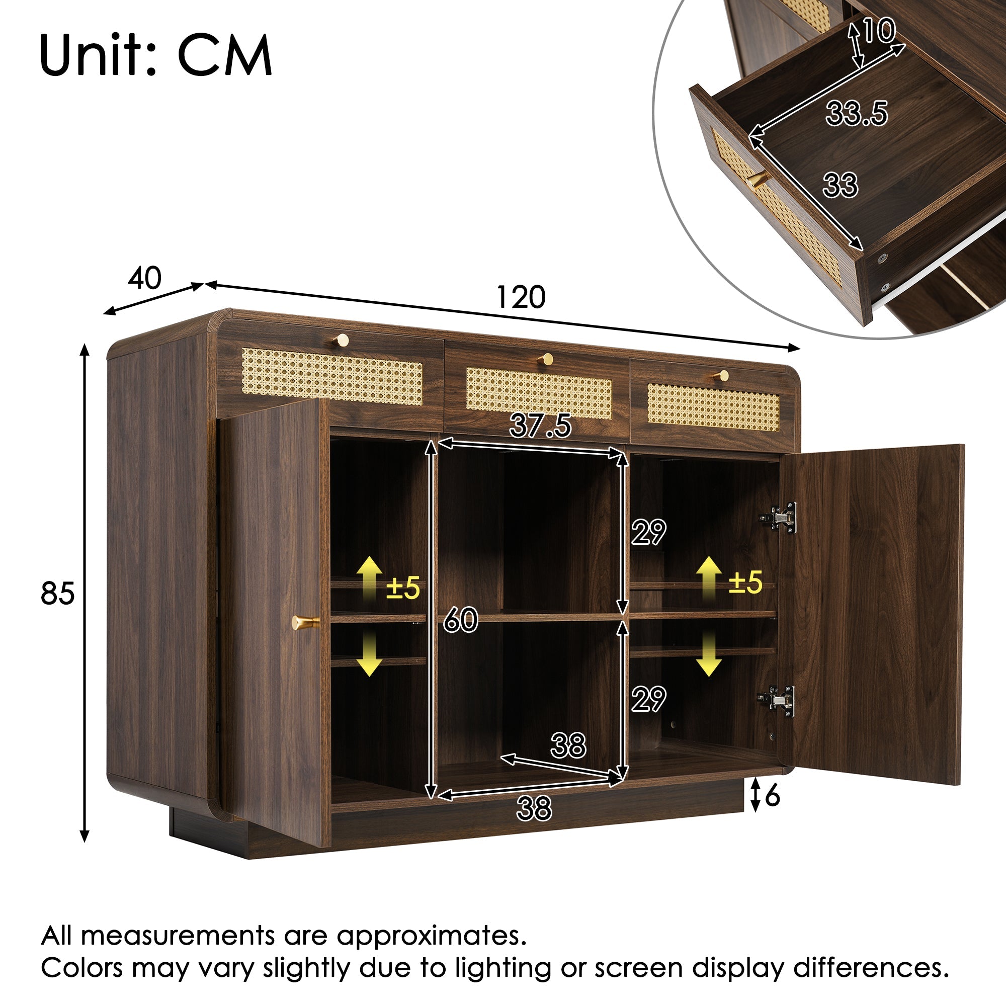 Logidon dressoir 120 cm walnoot met rotan en gouden handgrepen