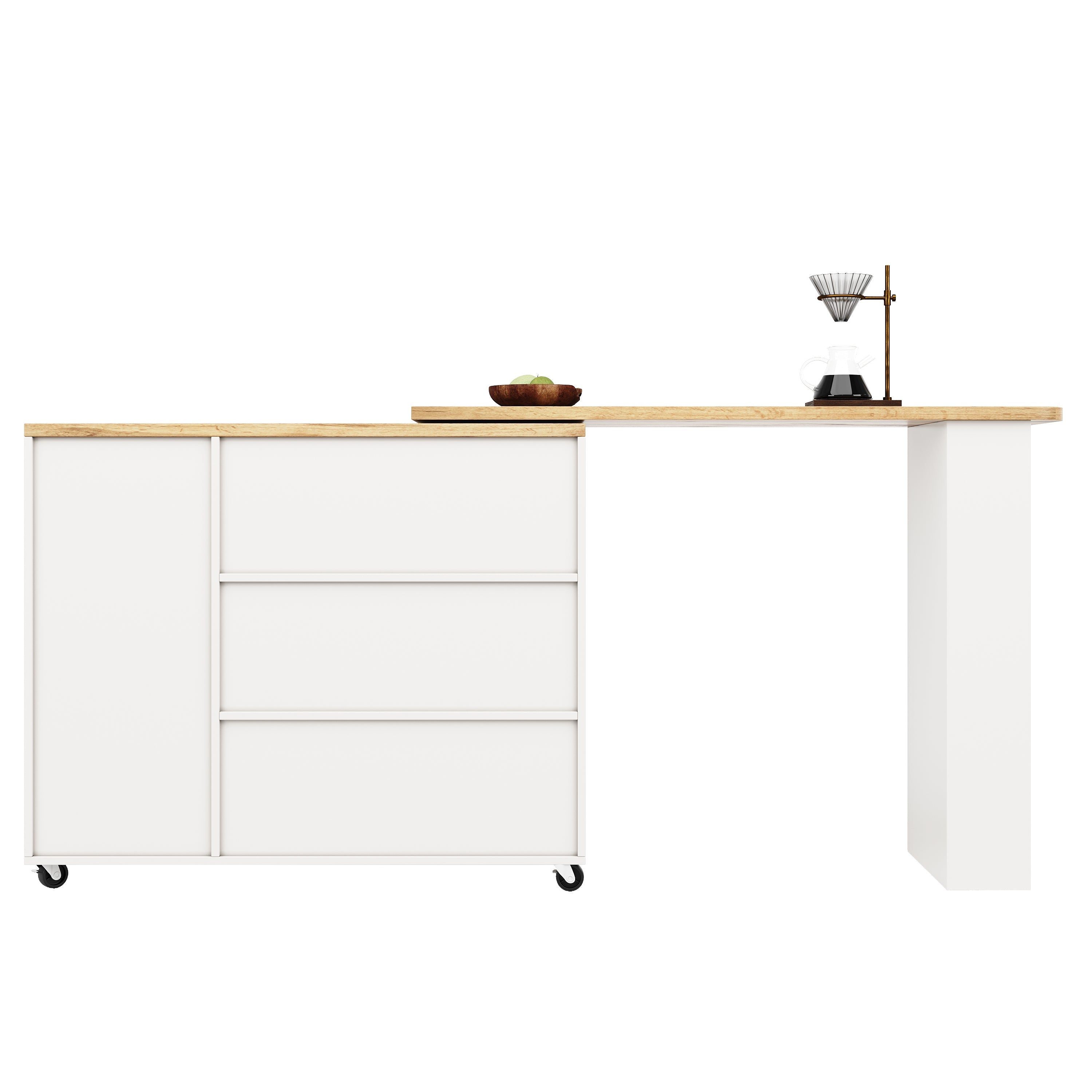 Logidon Swivel Dining Table White with Wheels Three Drawers 138-209 cm