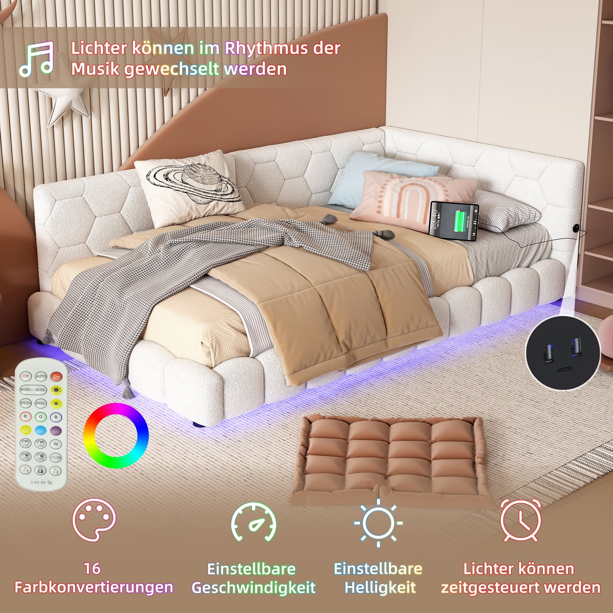 Logidon Daybed 90x200 cm slaapbank wit fluweel lattenbodem USB C