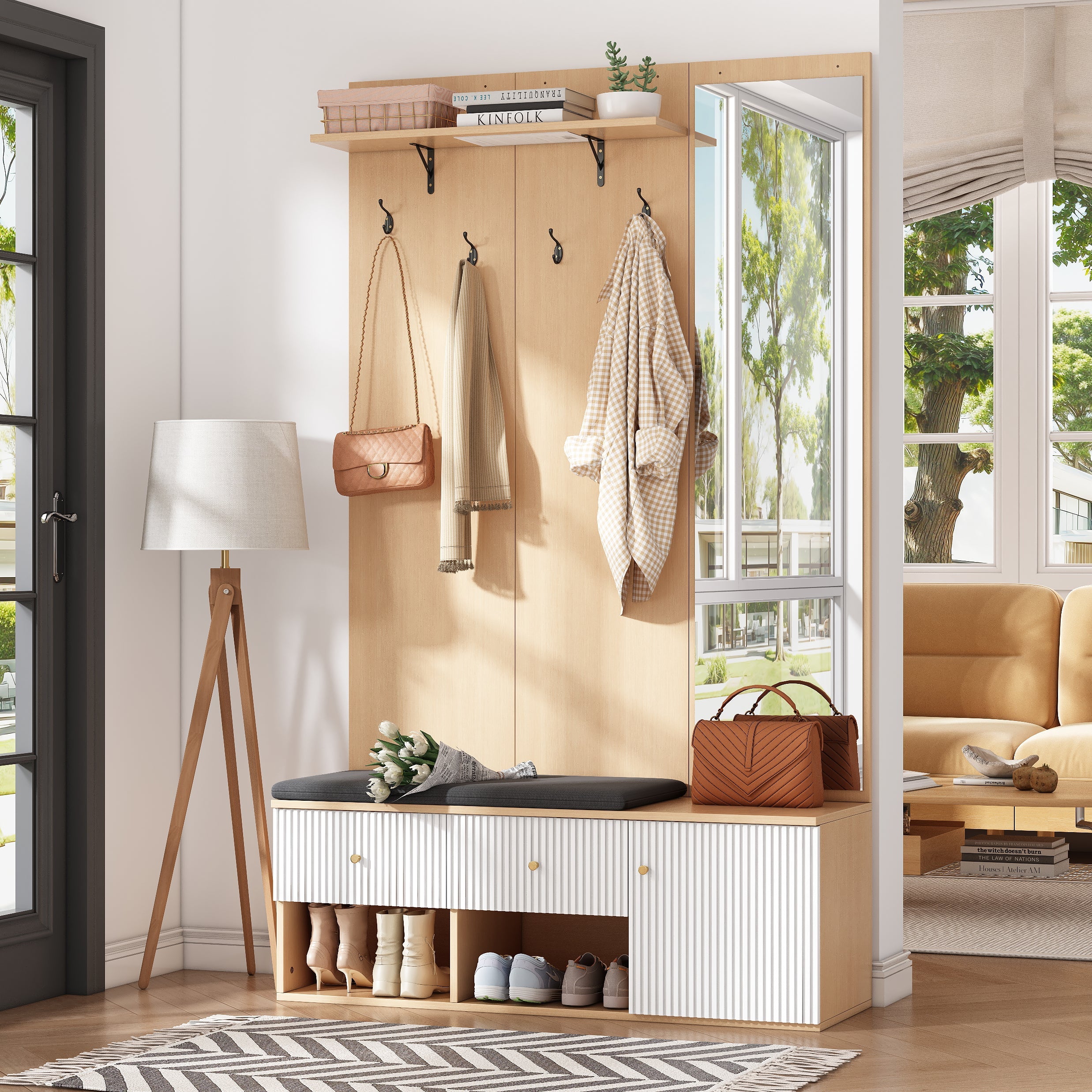 Logidon garderobekast 120x40x200 cm spiegel schoenenbank wit hout