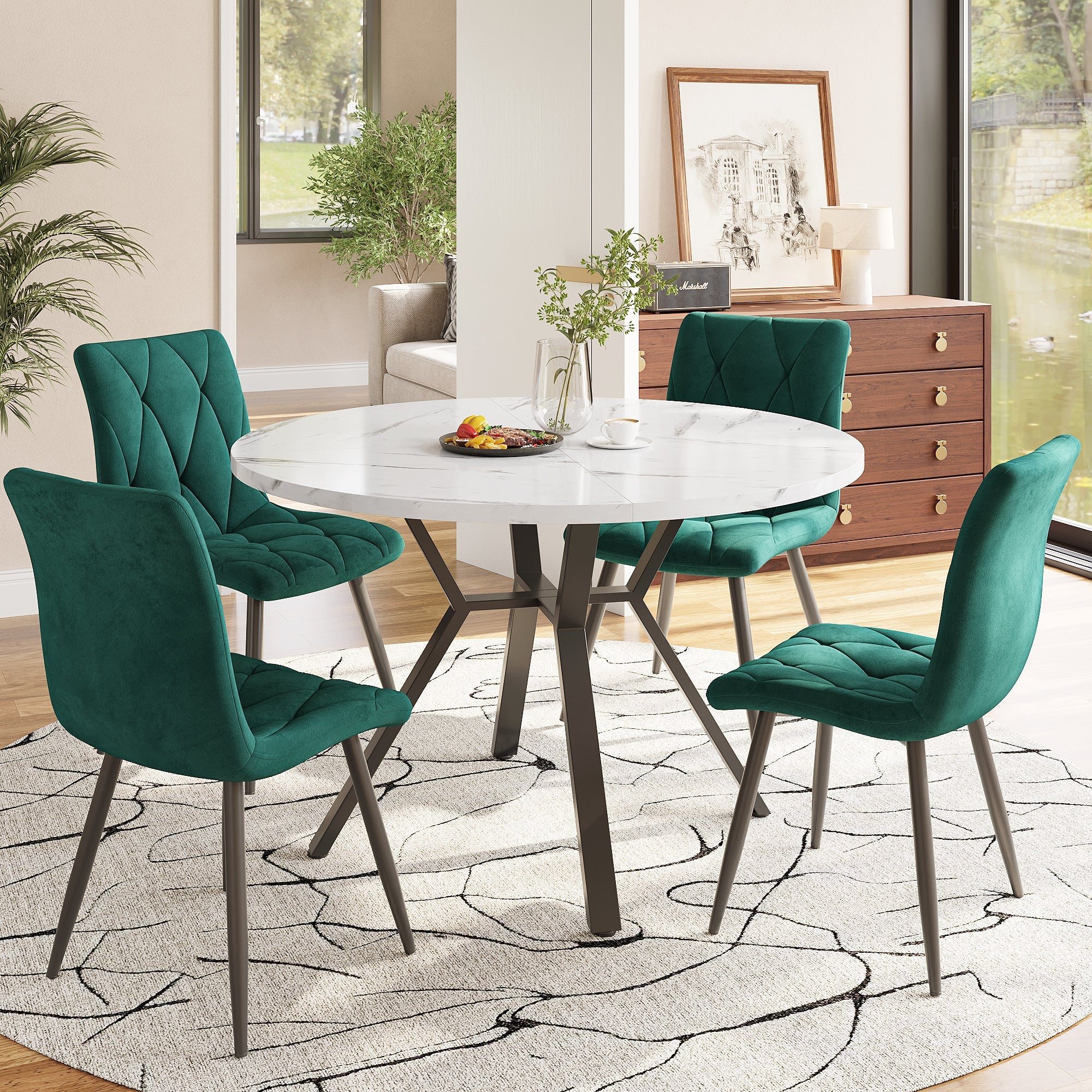 Logidon eettafelset 5-delig ronde marmerlook tafel en groene velours stoelen