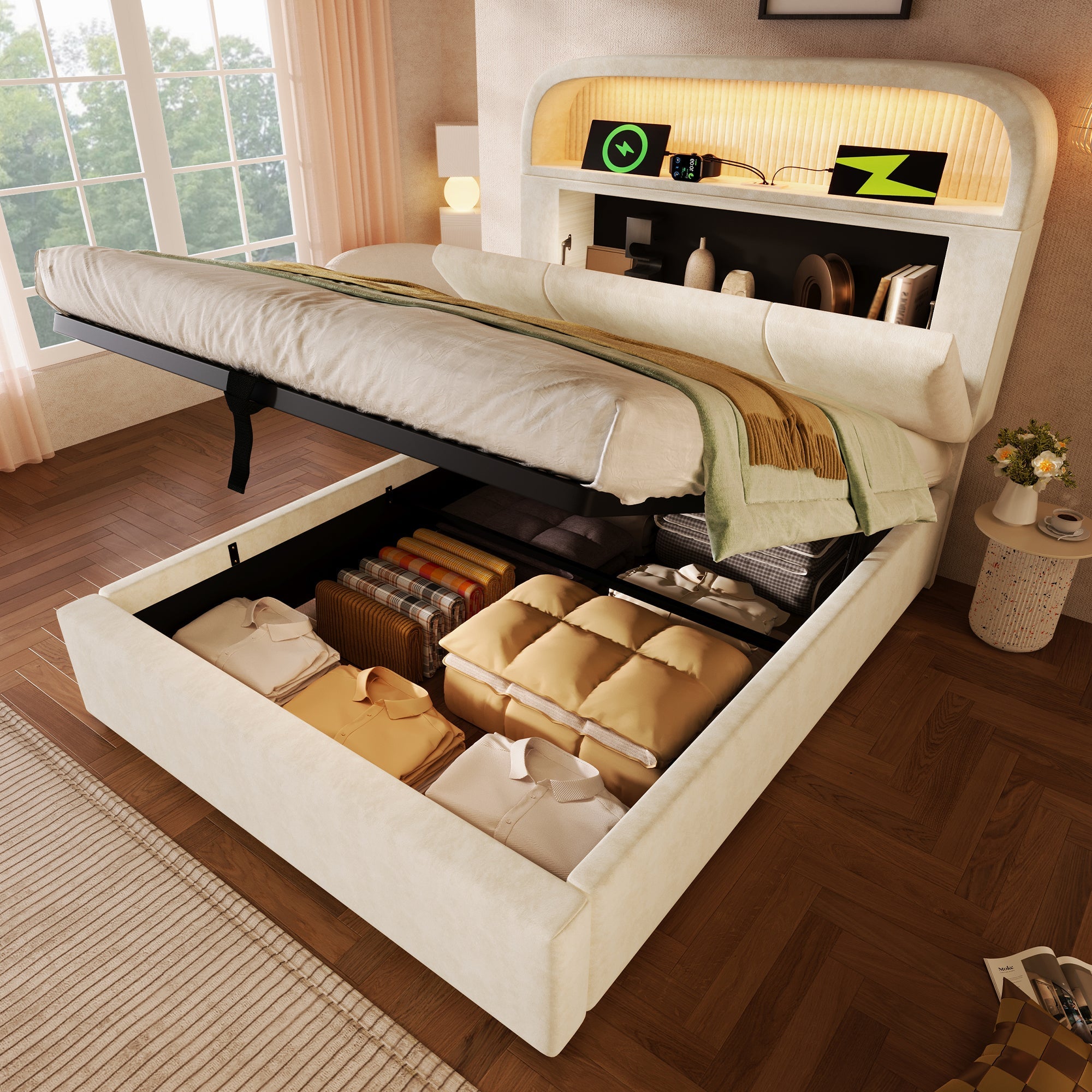 Logidon gestoffeerd bed 90x200 cm beige fluweel met opbergruimte hoofdbord, LED