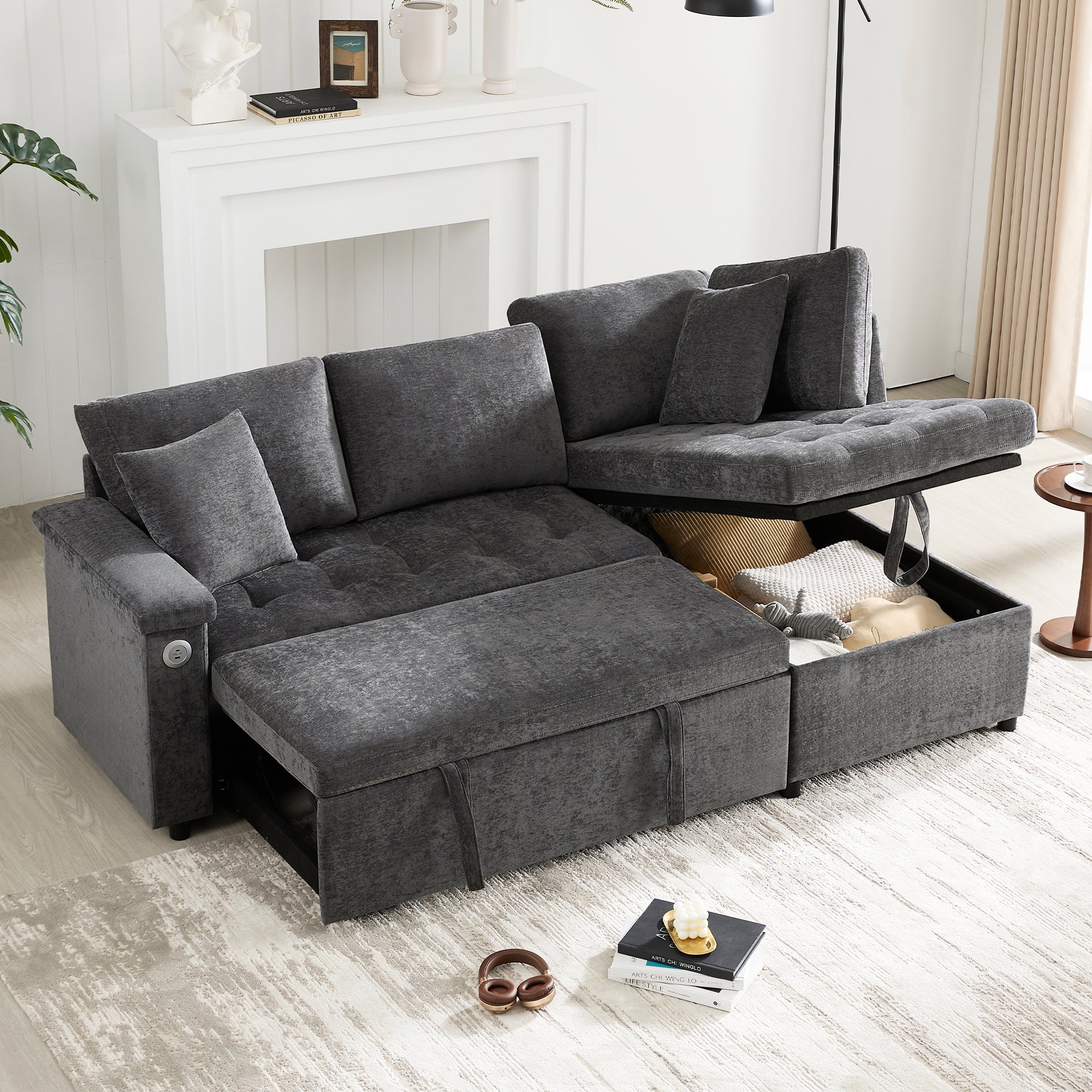 Logidon L-vorm slaapbank grijs fluweel chenille 209x130 cm opbergruimte
