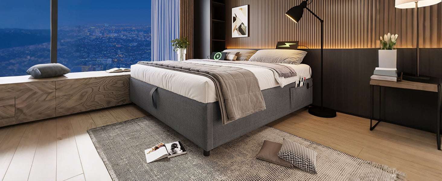 Logidon upholstered bed 160x200 gray with USB C and full-surface slatted frame