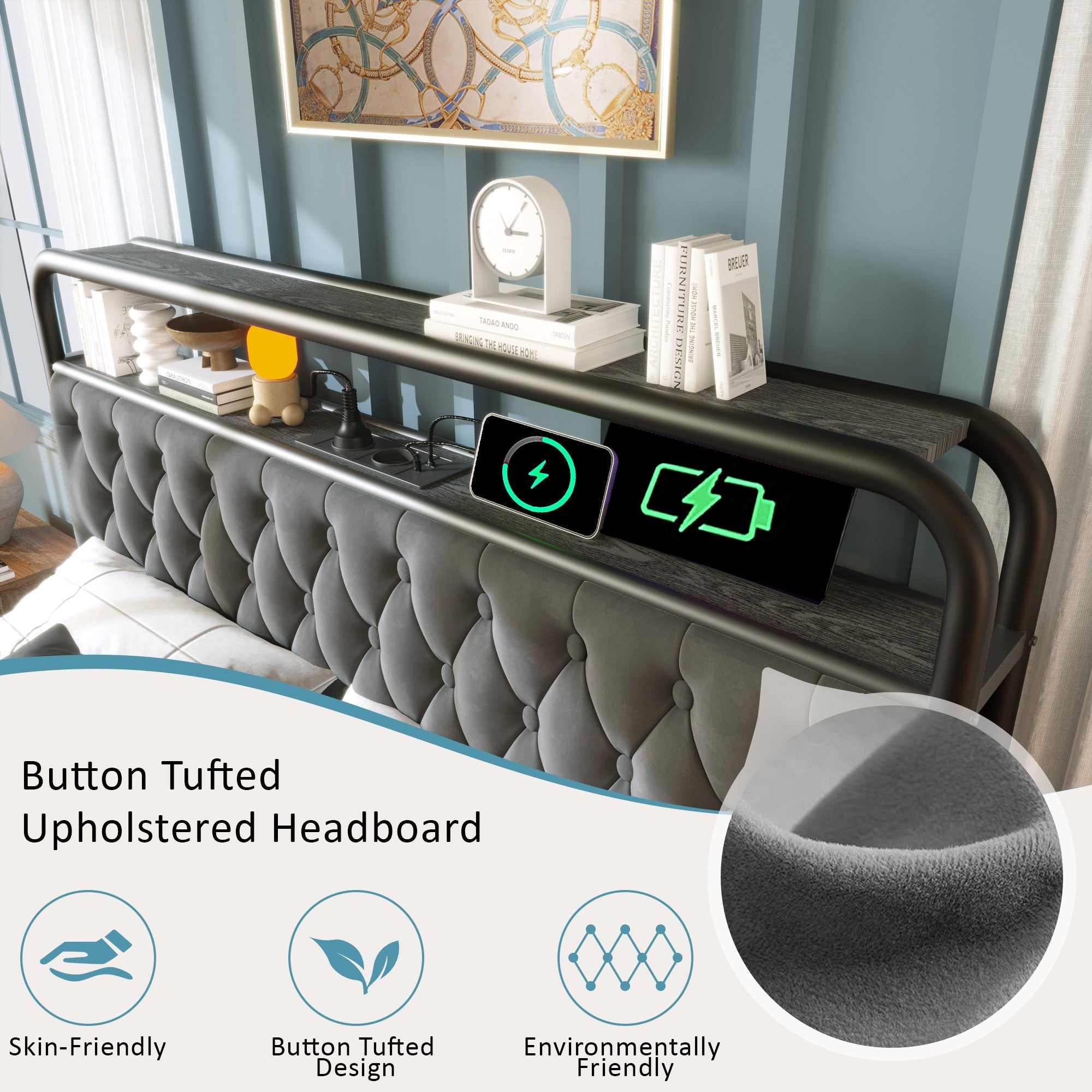 Logidon gestoffeerd bed 140x200 fluweelgrijs met USB C oplaadfunctie APP LED