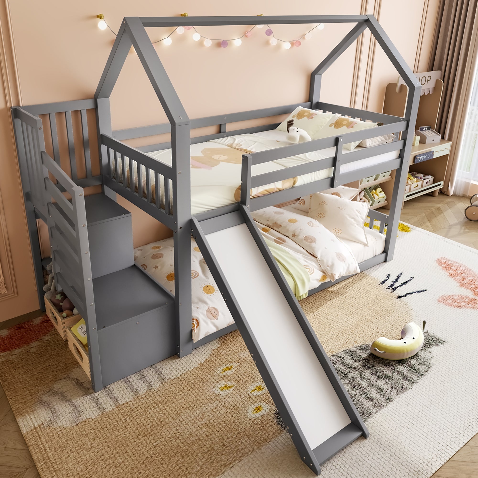 Logidon stapelbed grijs 90x200 met opbergtrap en glijbaan