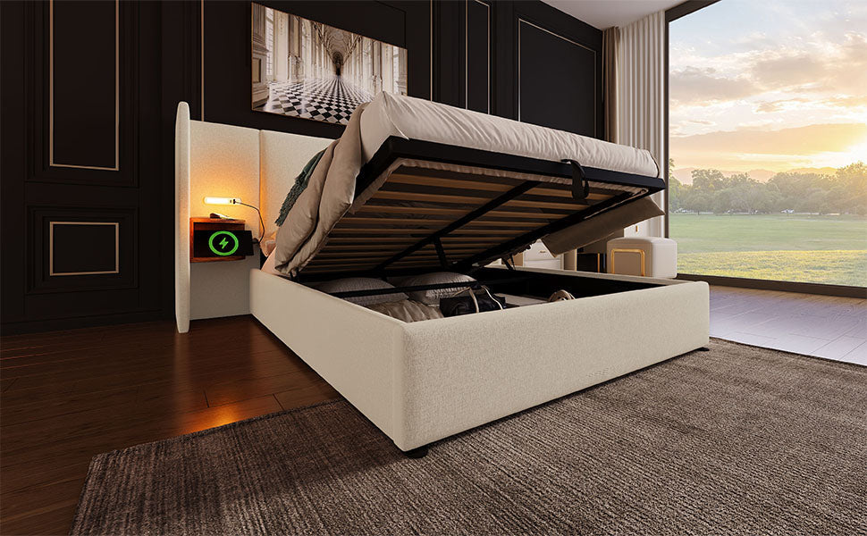 Logidon upholstered bed 160x200 double bed beige linen with storage space