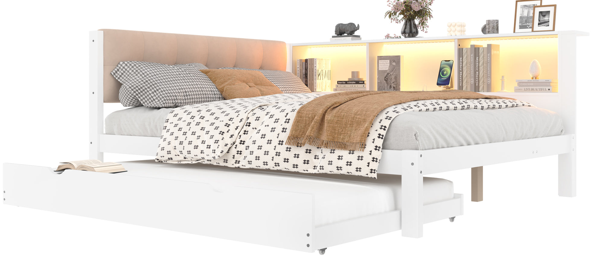 Logidon daybed wit 140x200 CM met uitschuifbaar bed LED-verlichting