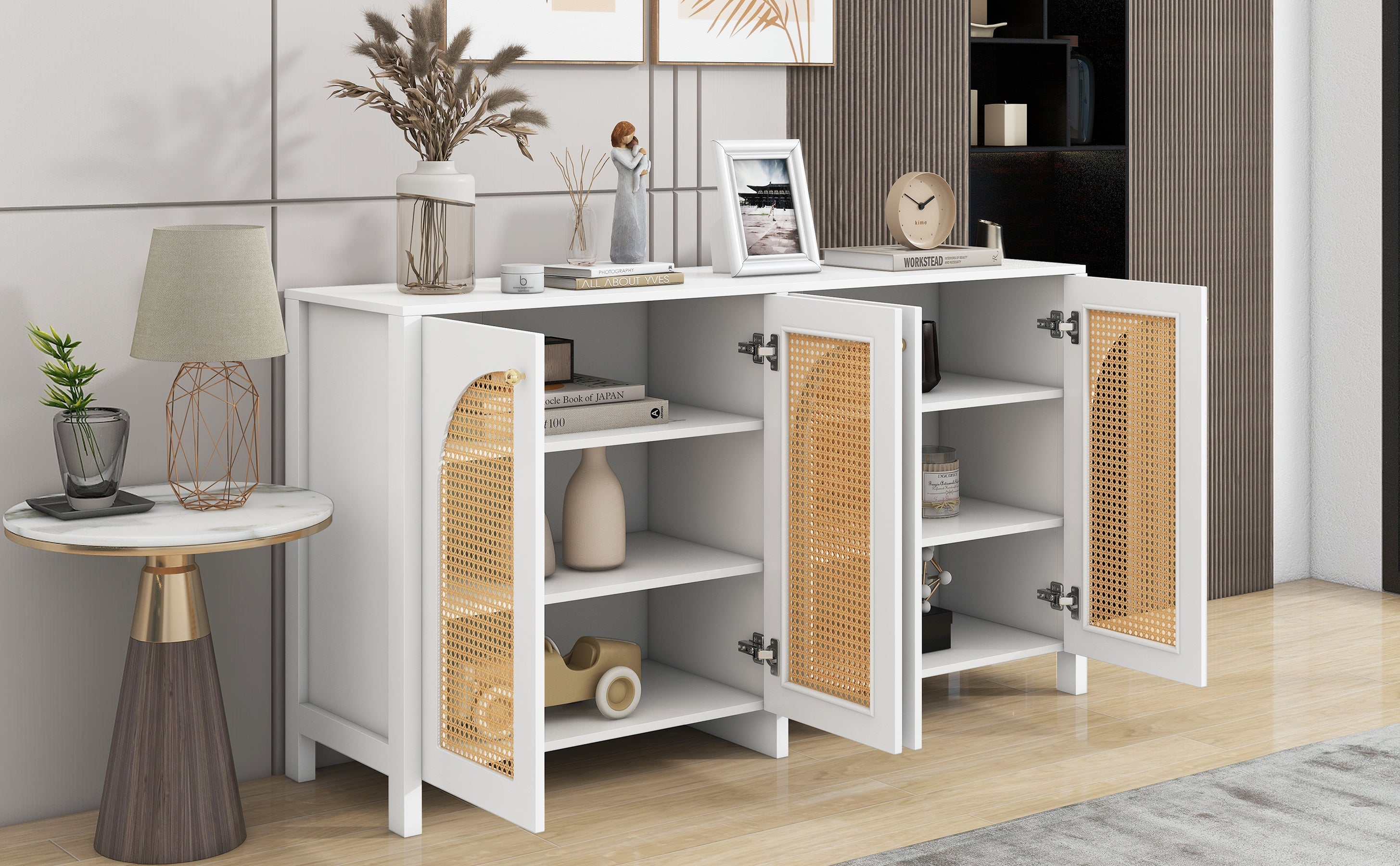 Logidon Modern dressoir 4 rotan deuren wit 145x40x80 cm