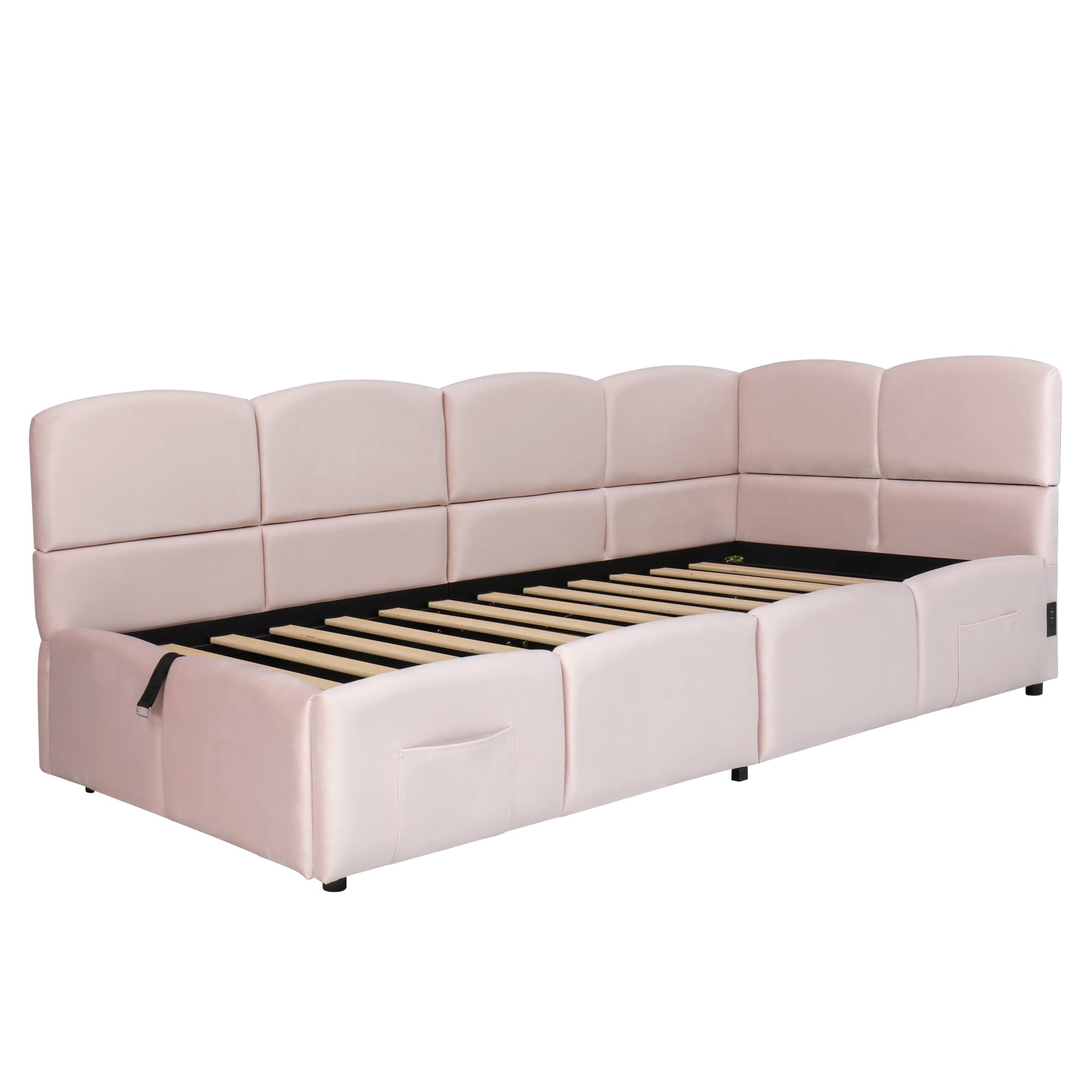 Logidon fluweel gestoffeerd bed roze 90x200 met lattenbodem en opbergruimte