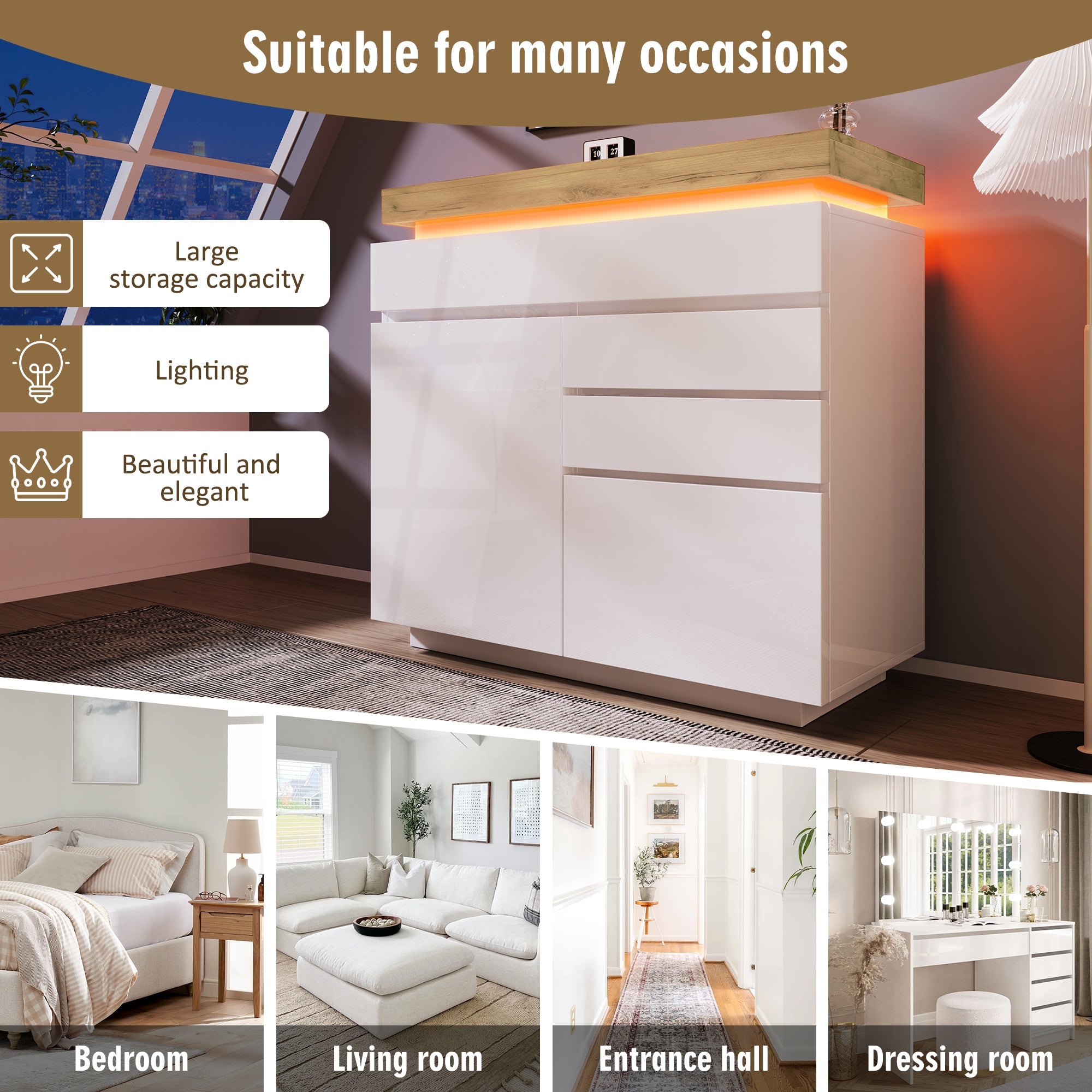 Logidon high gloss chest of drawers white LED lighting app control 2 doors