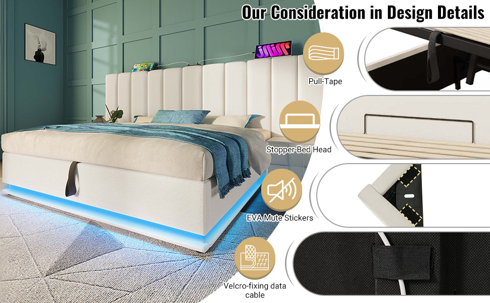 Logidon gestoffeerd bed 180x200 wit met opbergruimte LED app-bedieningsmatras