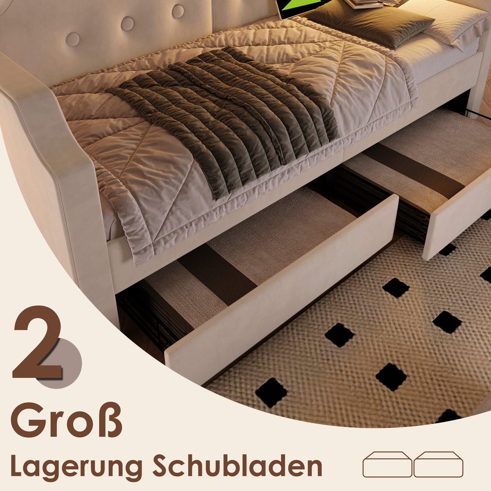 Logidon gestoffeerd bed 90x200 cm beige fluweel met USB-C oplaadpunt leeslampje