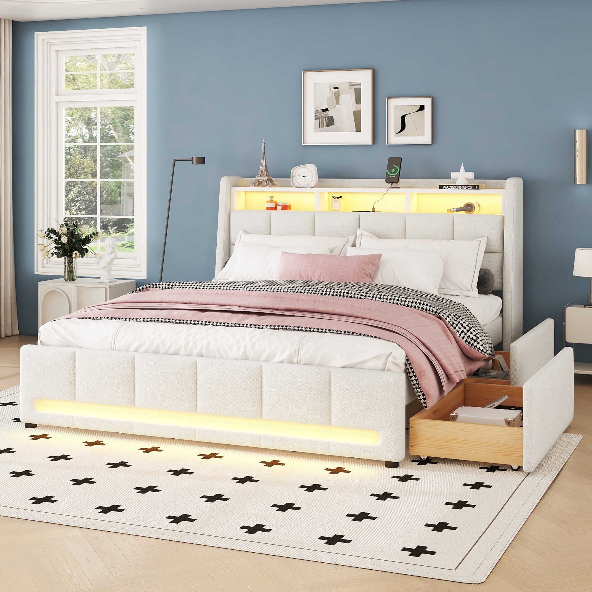Logidon gestoffeerd bed 160x200 cm beige linnen met LED app bediening